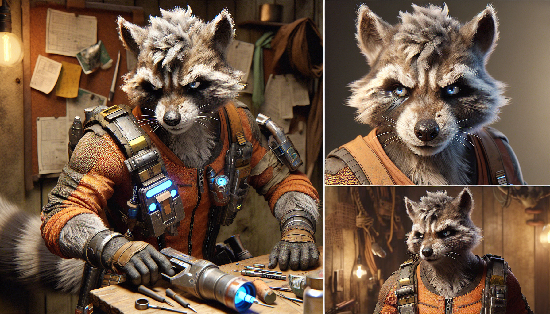 Rocket Raccoon - 20 Years Later (Artwork Description) Rocket Raccoon has grown older, but his fierce, witty spirit remains intact. His fur, once dark and sharp, has lightened slightly, taking on a mix of grays and browns, with streaks of silver marking the passage of time. His face, though still grizzled, shows signs of age—his ears are a little less perky, and his eyes, though sharp, have softened with experience. His expression is more composed than before, a wise yet still mischievous look that suggests he’s seen it all, yet remains ever the survivor. A small scar runs across his right cheek, a mark of battles fought and won. He wears a reimagined version of his iconic outfit, now a slightly faded orange jumpsuit with sleek, high-tech upgrades that blend with the more peaceful era he now inhabits. The suit, while still practical, has a more refined, utilitarian feel, with streamlined pockets and small, glowing blue accents where technology is embedded into the fabric. His utility belt is now adorned with a variety of tools and gadgets, but they are now neatly organized and ready for defensive purposes rather than offensive. His arms are slightly bulkier than before, the result of years of battle and survival, but his movements have slowed to a more calculated pace. Rocket’s tail, which was once a chaotic and wild tool, now moves with deliberate control, often curled around a nearby surface for balance or comfort. Although he still carries his signature blasters, they appear less menacing now, modified to be more defensive tools than weapons of destruction. He may be seen tinkering with technology, still the genius inventor, but now with a greater focus on creating rather than destroying. His posture is a bit more relaxed, reflecting the peace that has settled around him. The setting around Rocket is a cozy, somewhat rustic environment—perhaps a workshop filled with half-finished projects or a quiet corner of the galaxy where he has found a small piece of home. The art style is detailed, capturing Rocket’s