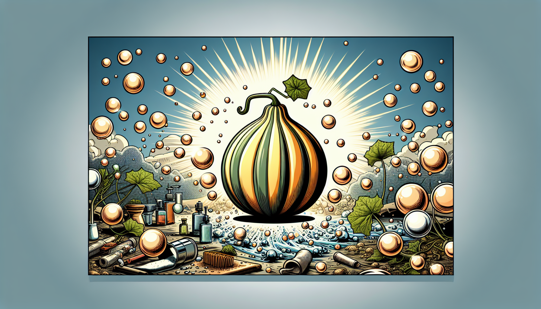 There is a gourd in the center of the vision in the upper right corner of the generation, which absorbs stains, sweat, and bacteria Requirements: The photo is generated in the style of animation and comics, and the content is rich and gives people a clean and bright feeling There are no characters