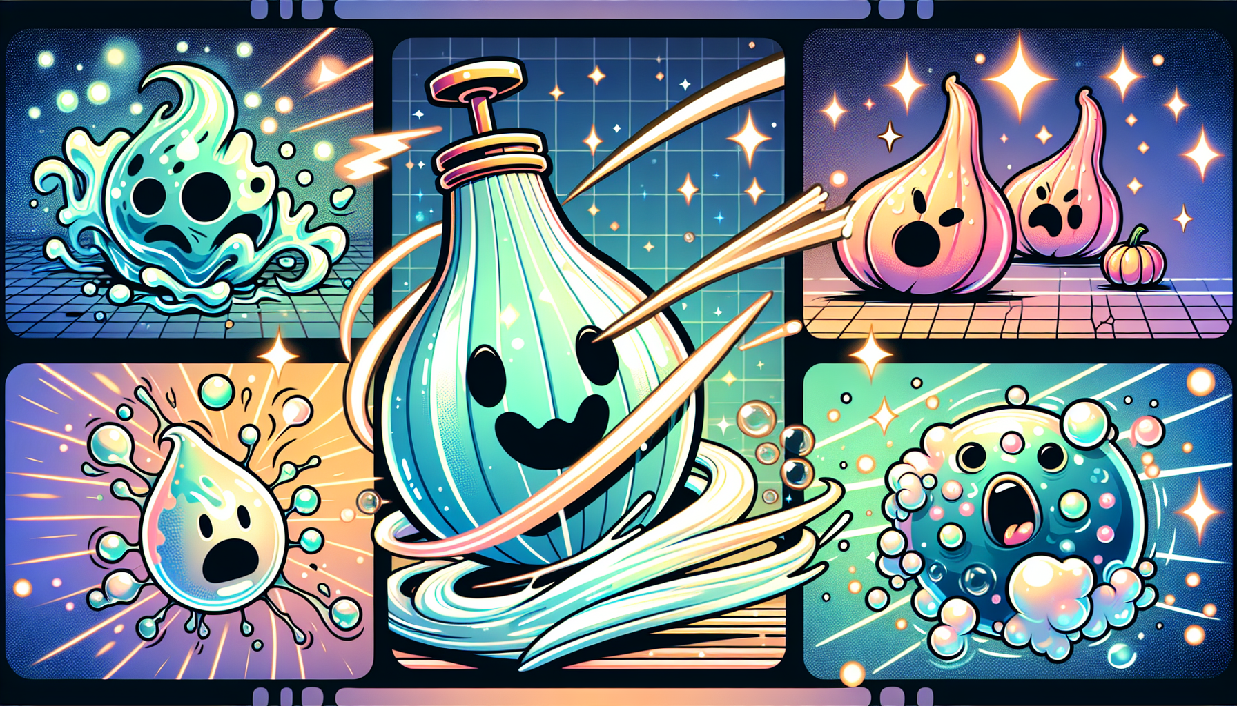 Anime comic style, vibrant colors, clean lines,  
Central highlight: A glossy cartoon gourd container in upper right, emitting spiral sparkle vortex from its nozzle (pointing to lower left),  
Three corners (lower left, lower right, upper left):  
- Lower left: Cartoon sludge monster with scared expression, stretched by air current,  
- Lower right: Panicking transparent sweat droplet character with steam effects,  
- Upper left: Fluffy bacteria ball monster glowing with spots, trying to escape,  
Dynamic motion lines, floating soap bubbles background, glowing energy particles,  
Bright pastel background with gradient cyan and white, ultra-detailed, lively atmosphere, no human characters  