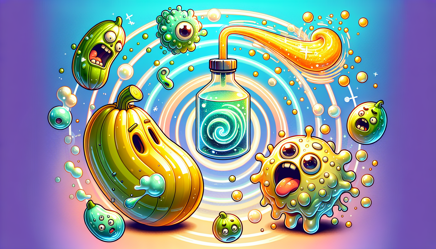 Anime comic style, vibrant colors, clean lines,  
Central highlight: A glossy cartoon gourd container in upper right, emitting spiral sparkle vortex from its nozzle (pointing to lower left),  
Three corners (lower left, lower right, upper left):  
- Lower left: Cartoon sludge monster with scared expression, stretched by air current,  
- Lower right: Panicking transparent sweat droplet character with steam effects,  
- Upper left: Fluffy bacteria ball monster glowing with spots, trying to escape,  
Dynamic motion lines, floating soap bubbles background, glowing energy particles,  
Bright pastel background with gradient cyan and white, ultra-detailed, lively atmosphere, no human characters  
