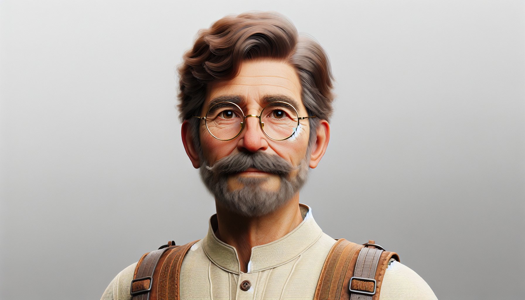 丸メガネ　冒険家　おじさん　ふくよか　茶髪　口ひげ　リアル　優しい　