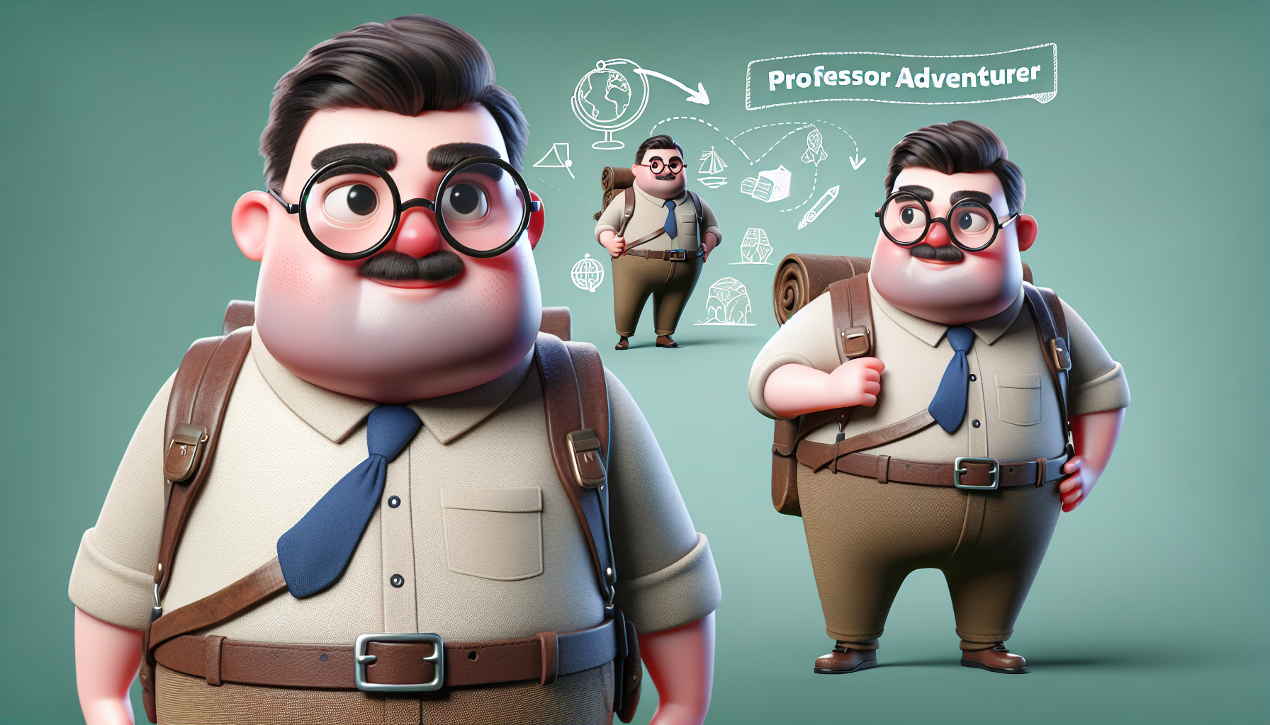adventurer professor, slightly overweight, round glasses with small lens