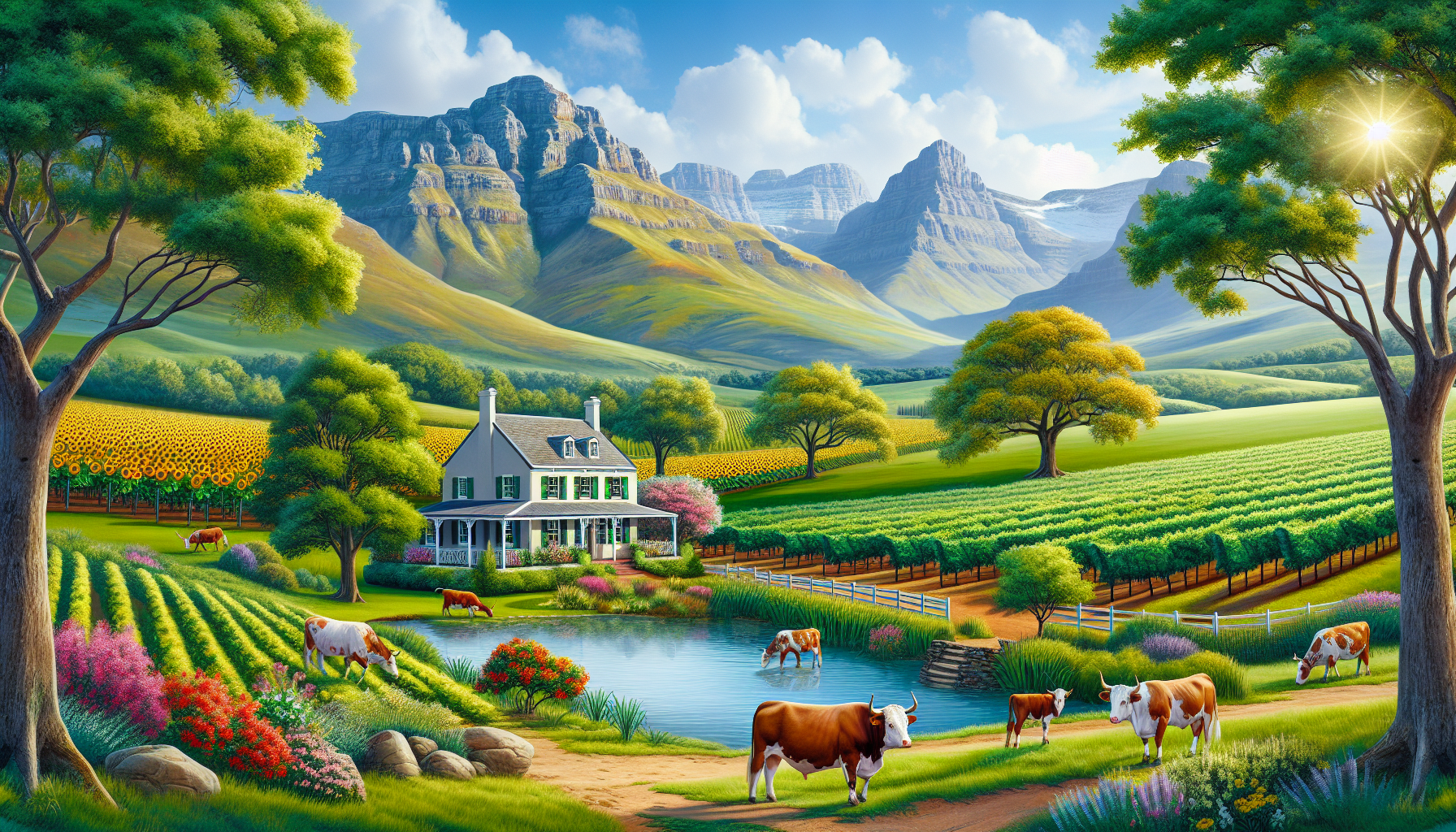 landscape with farmhouse, water, nguni cattle, vineyards, blossoming orchards, sunflowers and mountains
