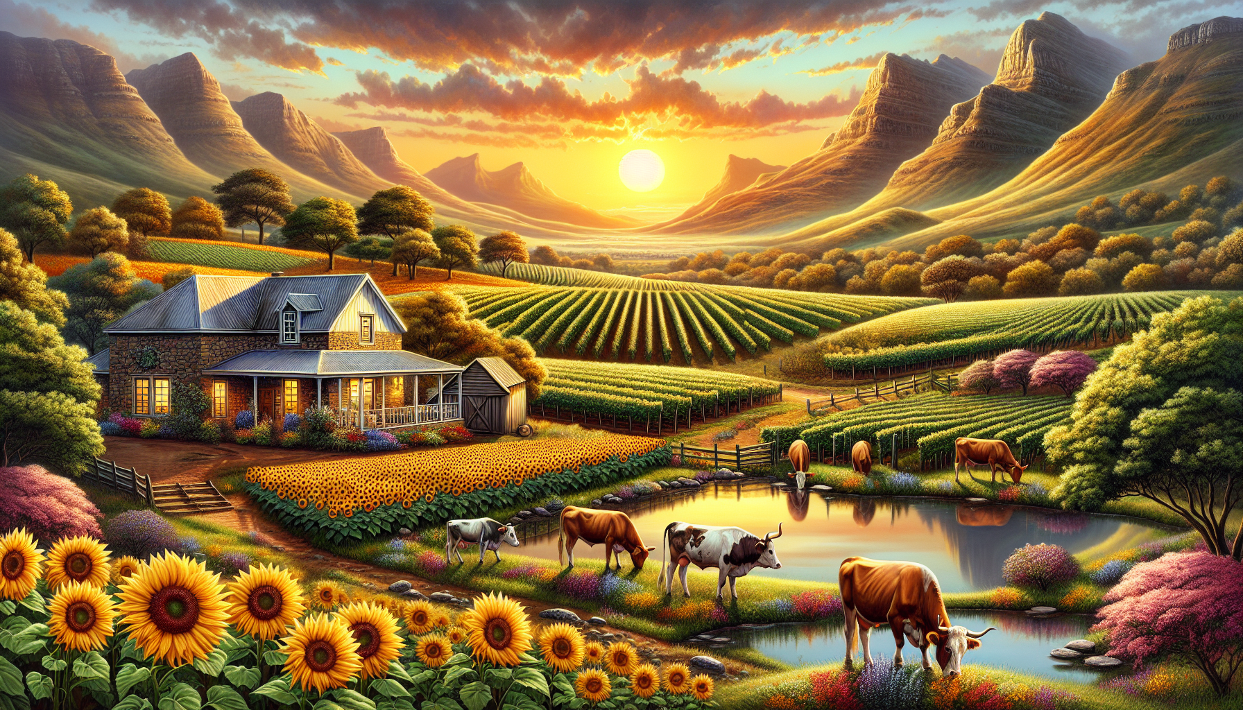 landscape with farmhouse, water, nguni cattle, vineyards, blossoming orchards, sunflowers and mountains at sunset