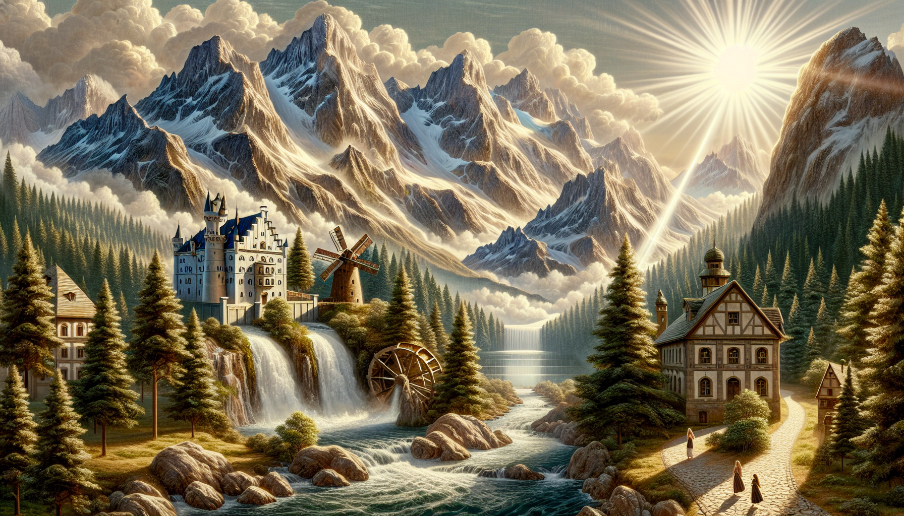 mountains, sunbeam, pine trees, water mill, clouds, 2 blond women, waterfall, stone path, Neuschwanstein Castle,