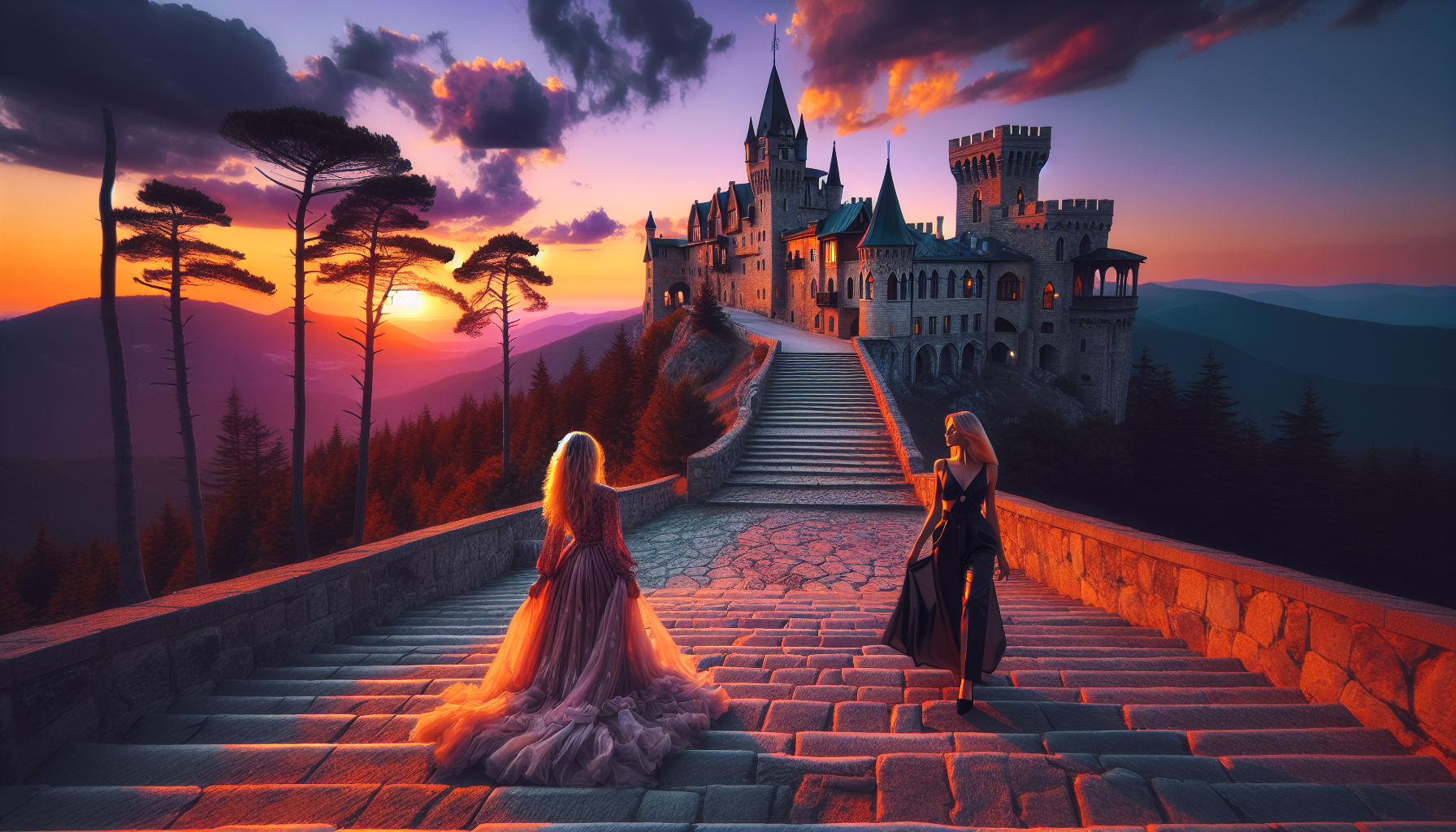 mountains, sunbeam, sunset, pine trees, clouds, stone path, Neuschwanstein Castle, 2 blond women,