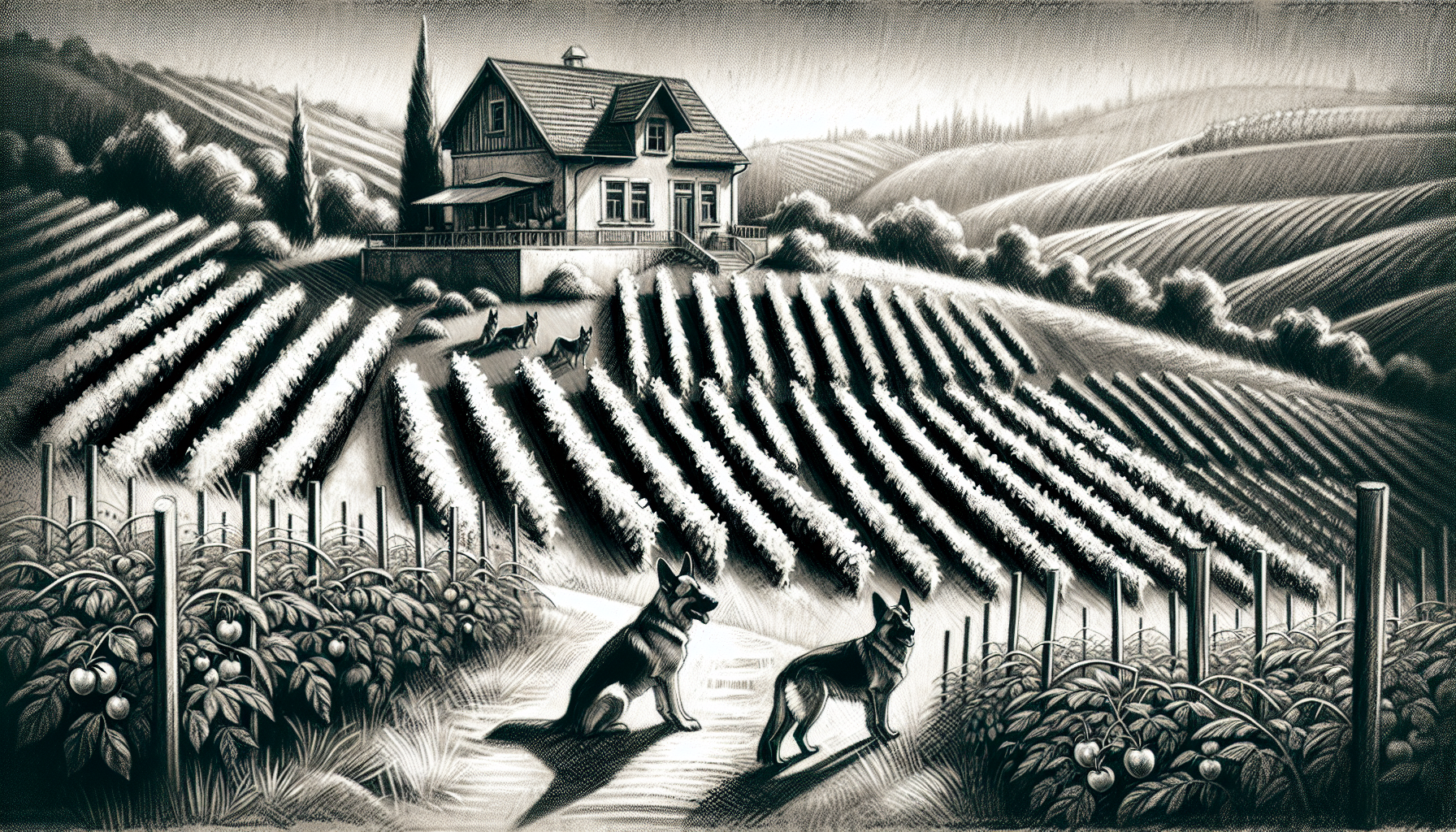 house on a small hill overlooking vineyards and tomato plantings, with German shepherds on the farm