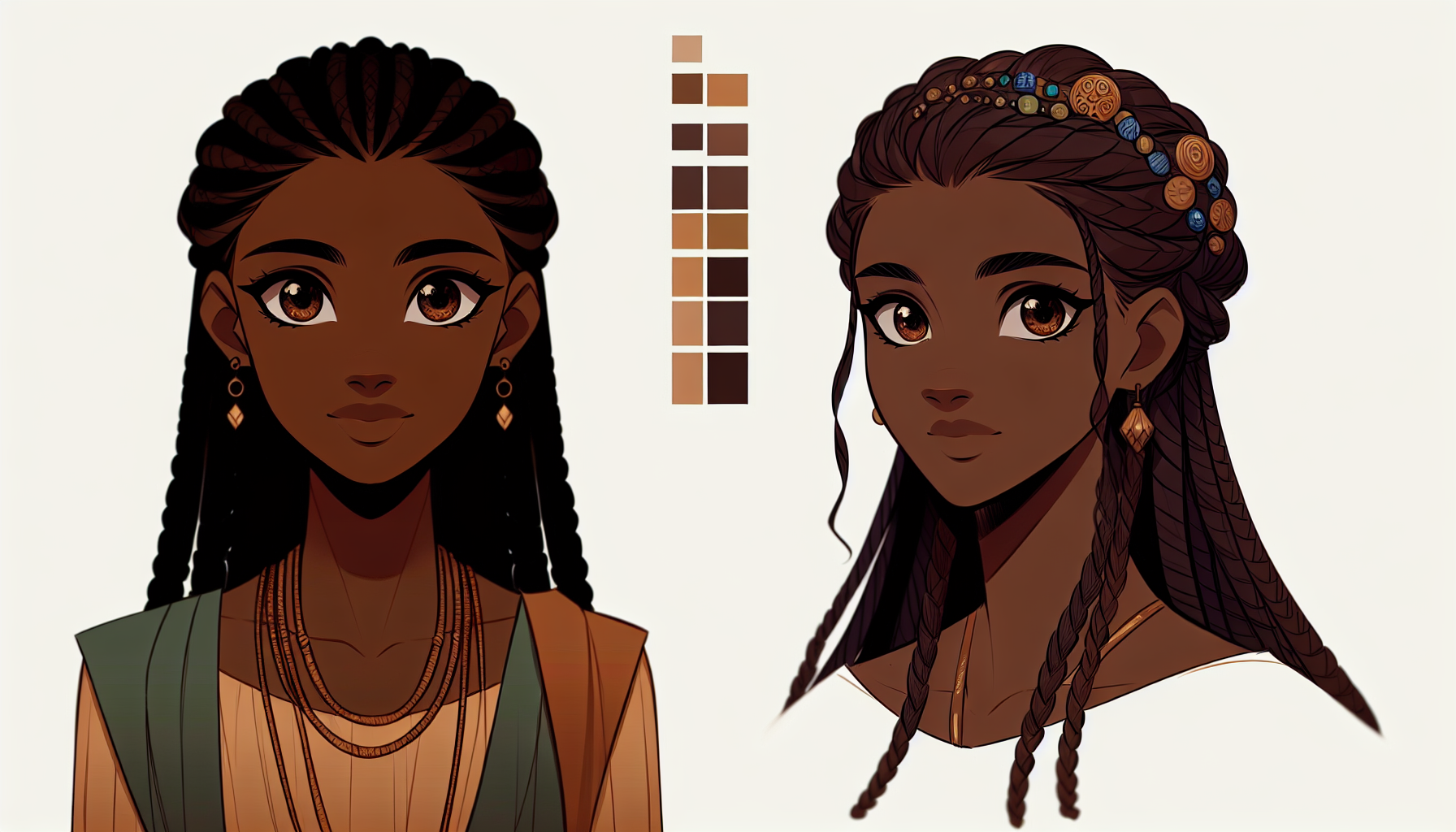 Adama stands tall at 5'9" with a lean, athletic build that speaks of her active lifestyle. Her skin is a deep, rich brown, glowing with an inner warmth. Her eyes are large, dark brown, almost black, and expressive, full of mystery and wisdom beyond her years. Her long, wavy hair is often styled in an intricate braid, decorated with small beads and charms that symbolize strength and protect.