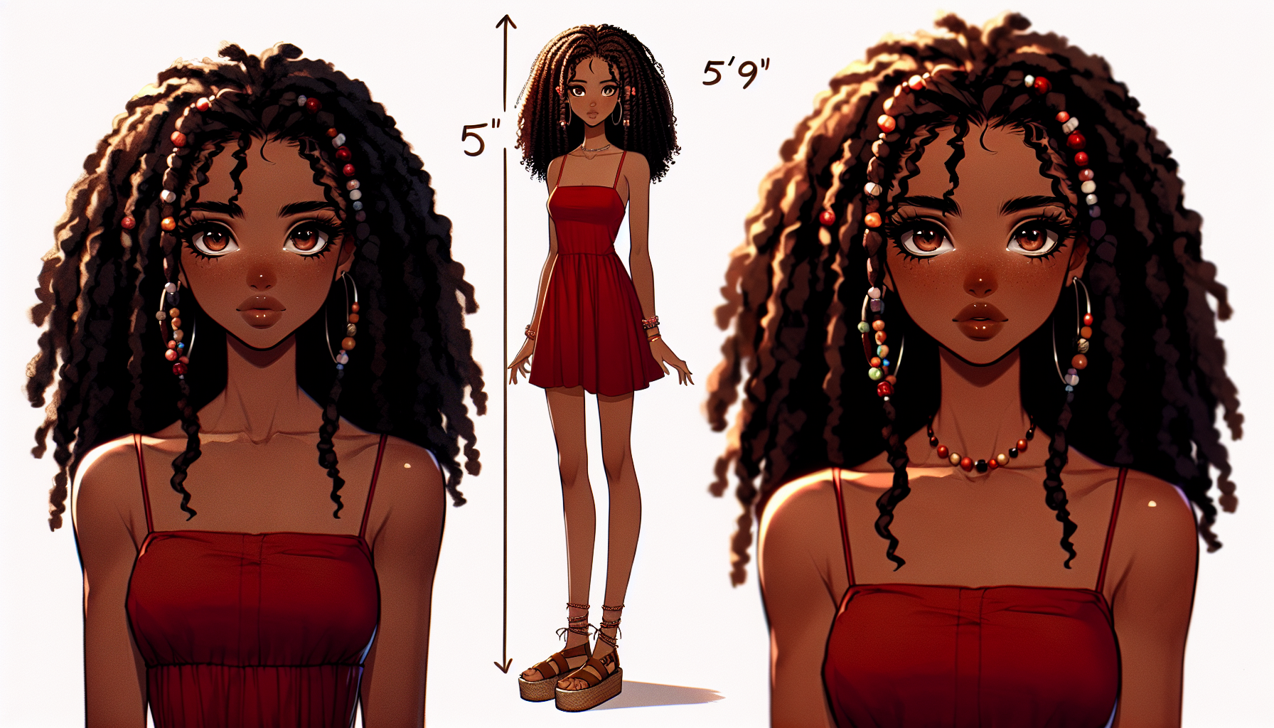 Adama stands tall at 5'9" with a lean, athletic build that speaks of her active lifestyle. Her skin is a deep, rich brown, glowing with an inner warmth. Her eyes are large, dark brown, almost black, and expressive, full of mystery and wisdom beyond her years. Her long, afro hair is often styled in an intricate braid, decorated with small beads and charms that symbolize strength and protect wearing a short  red gown and a brown sandals Full body front view only 