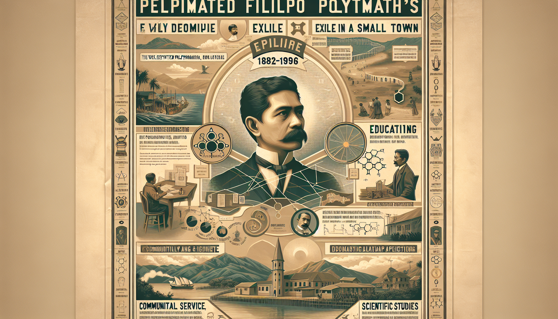 A highly detailed and historically accurate digital poster depicting José Rizal's exile in Dapitan (1892-1896). The poster should include key events, such as his community service, education efforts, scientific studies, and contributions to Dapitan. The design must be visually appealing with excellent layout, typography, and color scheme, ensuring clarity and readability. Creative and original elements should enhance the message while maintaining historical accuracy. The overall composition should be well-organized, polished, and compelling, delivering a strong impact about Rizal's exile experience