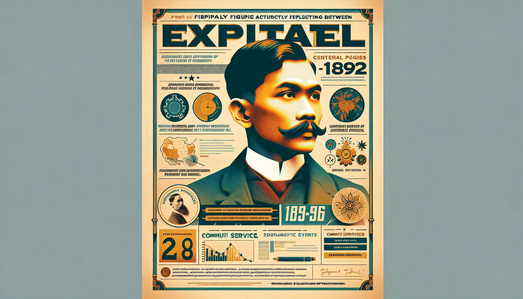 A highly detailed and historically accurate digital poster depicting José Rizal's exile in Dapitan (1892-1896). The poster should include key events, such as his community service, education efforts, scientific studies, and contributions to Dapitan. The design must be visually appealing with excellent layout, typography, and color scheme, ensuring clarity and readability. Creative and original elements should enhance the message while maintaining historical accuracy. The overall composition should be well-organized, polished, and compelling, delivering a strong impact about Rizal's exile experience. make sure it is rizal's real face base on google. and make sure all the spelling or information that you will put are correct and base on real Jose Rizal informatiom on google and other credible website