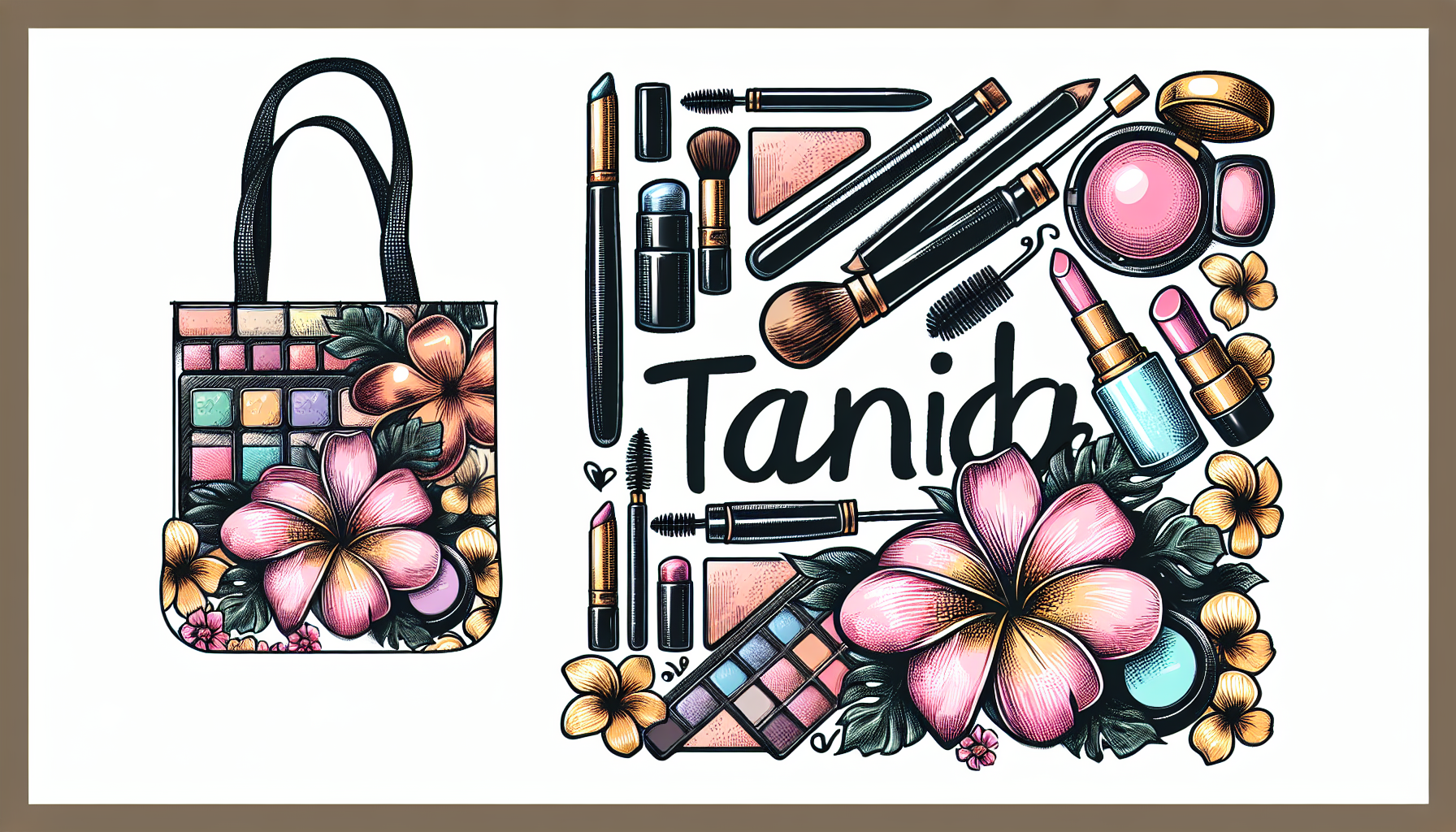 Quiero la imagen en forma rectangular para plasmar imprimir en un tote bag quiero que tenga dibujo de maquillajes ya que es para una tienda que se dedica a vender maquillajes y demás y que además ponga tanida con dos enes y lleva una flor amarilla y Rosa tipo hawaiana