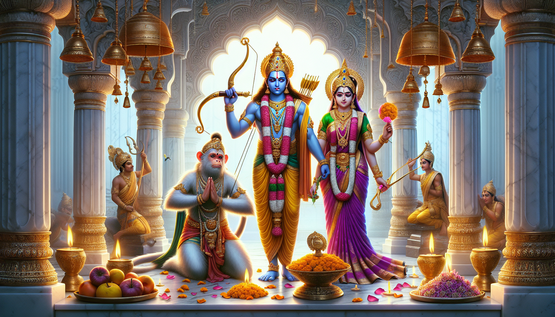 A divine moment in a white marble temple, featuring Lord Ram with his blue complexion, holding his bow and standing in regal grace. He wears a golden dhoti, a rich purple shawl, and a shining gold crown. To his side, Goddess Sita stands in a vibrant red saree with golden embroidery, her hands delicately raised in blessing. Lord Hanuman, with a monkey face and tail, kneels humbly in front of them, wearing a green dhoti with golden ornaments, his hands folded in prayer. A grand golden mace rests beside him. The courtyard is adorned with brass oil lamps, fresh rose petals, and ceremonial food offerings. Bells hang from the intricately carved temple archway, and marigold garlands add vibrant color. The sky is clear and bright, symbolizing divine blessings. Ultra-detailed, lifelike, vibrant colors, traditional Indian setting."
