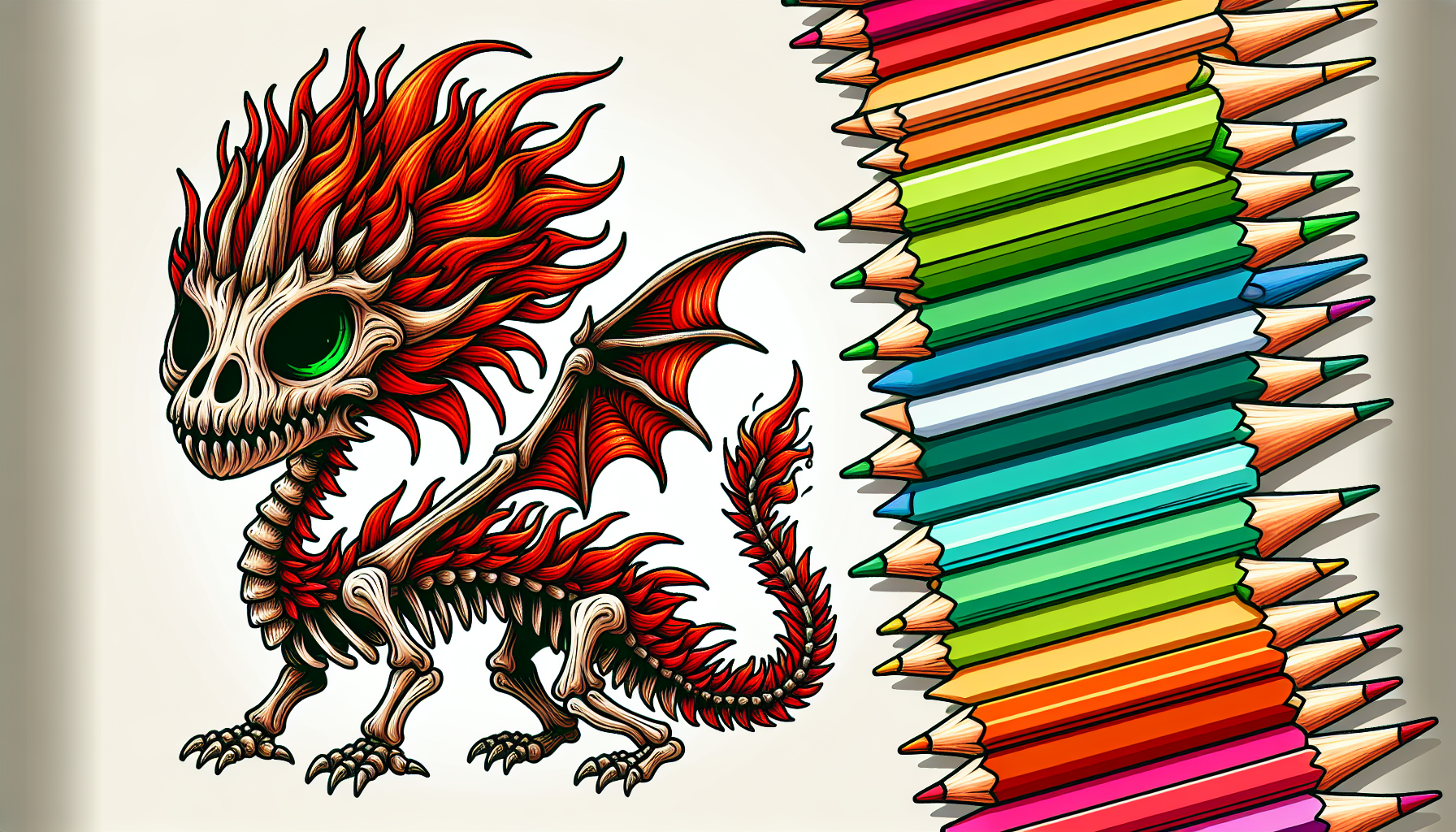 Skeleton Dragon spike red hair Green Flame eyes 