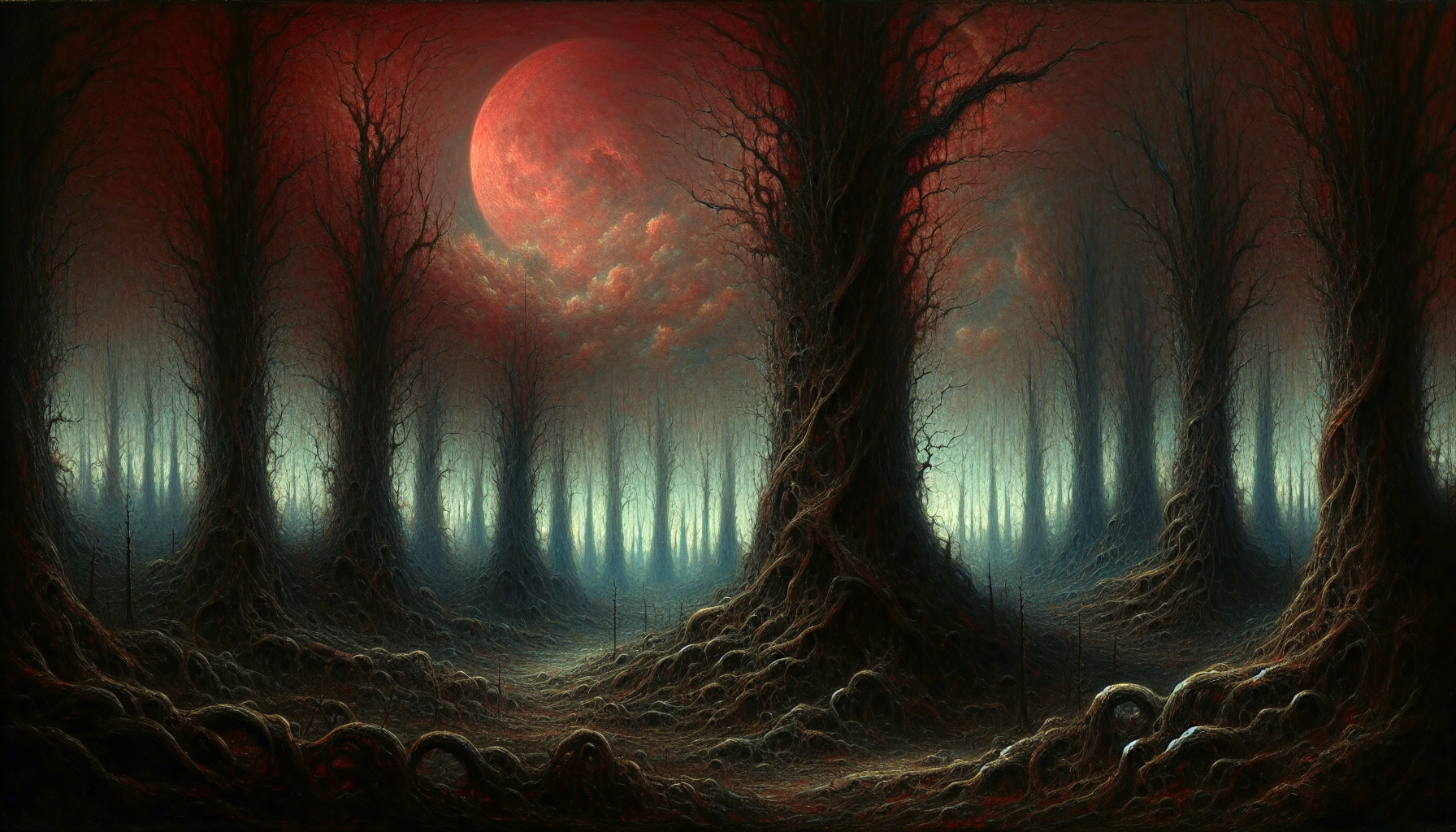 Dark forest , dark fantasy inspired, with a red moon in a cloudy sky