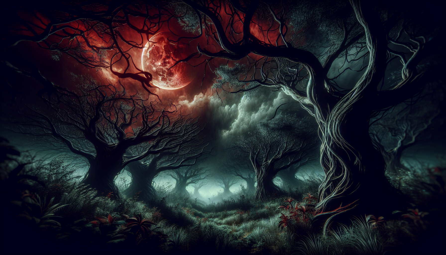 Dark fantasy forest , with a red moon in a cloudy sky