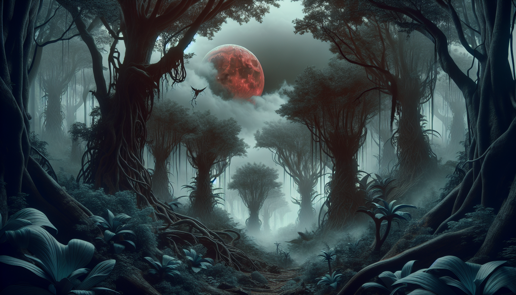 Dark fantasy forest with a red moon in a coudy sky , tiktok format 