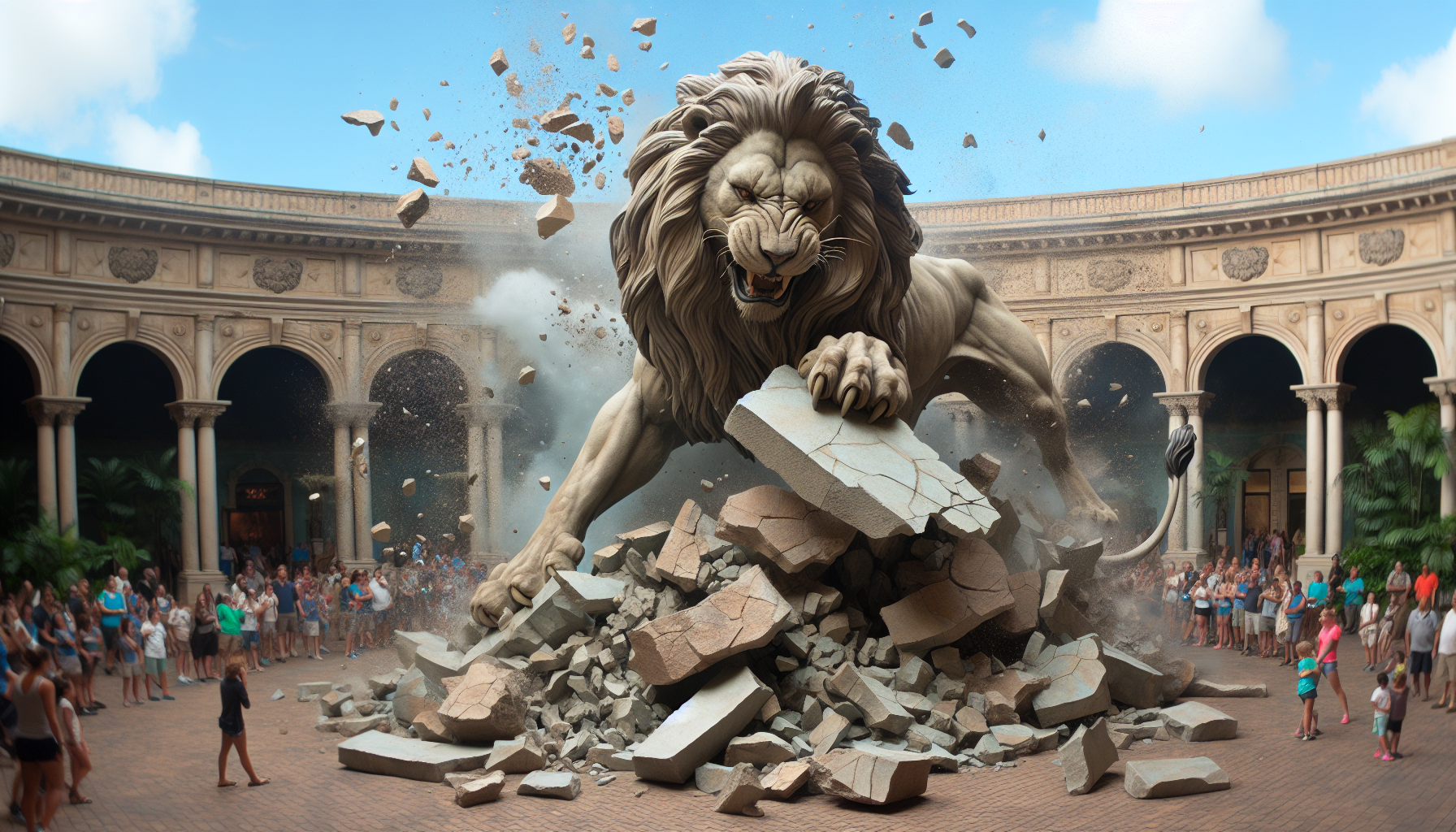 Lion se libérant de l'emprise d'une statue sur la place centrale d'un zoo