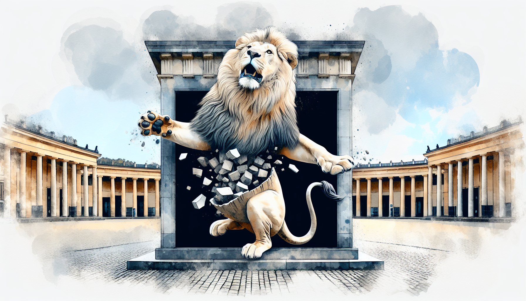 Que un Lion réaliste se libérant de l'emprise d'une statue grandeur nature avec les pattes encore dans la statue mais le haut du corp et la tête en dehors sur la place centrale d'un zoo