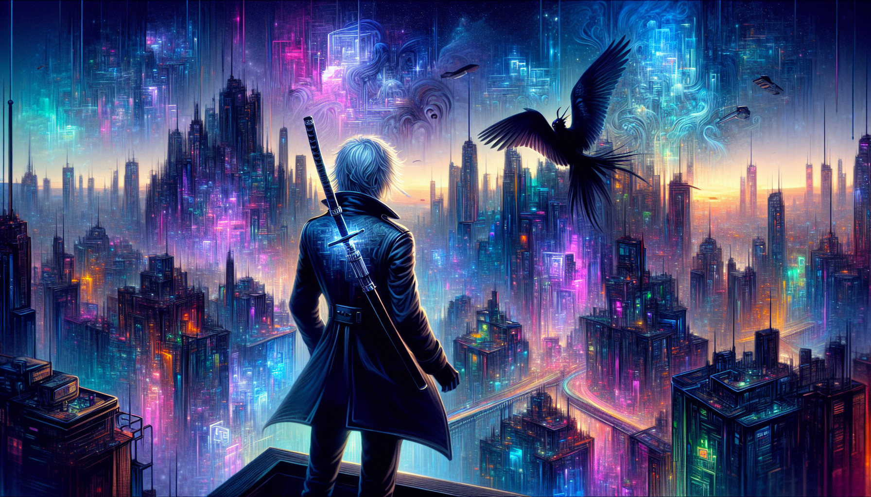 "A breathtaking anime-style cyberpunk cityscape at day, glowing with neon lights in blue, pink, and purple. A mysterious, cool-looking anime protagonist with silver hair and a black futuristic jacket stands on a rooftop, gazing at the city skyline. A katana with glowing edges rests on their back, and a robotic raven perches on their shoulder. The city below is alive with holograms, flying cars, and bustling streets. The atmosphere is moody, cinematic, and full of mystery."
