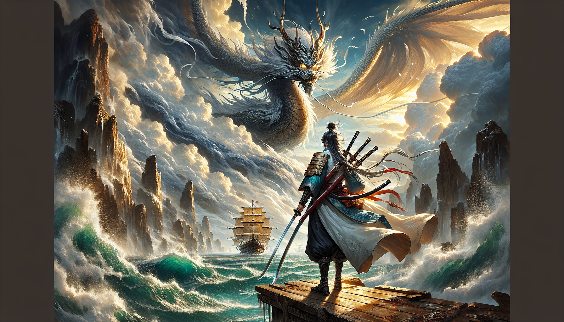 "A legendary anime swordsman stands on the edge of a rocky cliff, overlooking a vast ocean with massive waves crashing against the shore. The sky is filled with golden sunlight piercing through dramatic swirling clouds, creating an epic atmosphere. Above him, a colossal, mystical dragon made of clouds and energy looms, its glowing eyes radiating power. The warrior, clad in traditional samurai attire, wields three swords, with the wind making his long coat and hair flow dramatically. In the background, ancient ships sail through the stormy waters, adding to the sense of adventure and mystery. The scene is painted in a cinematic and highly detailed anime style with rich lighting and dynamic composition."

