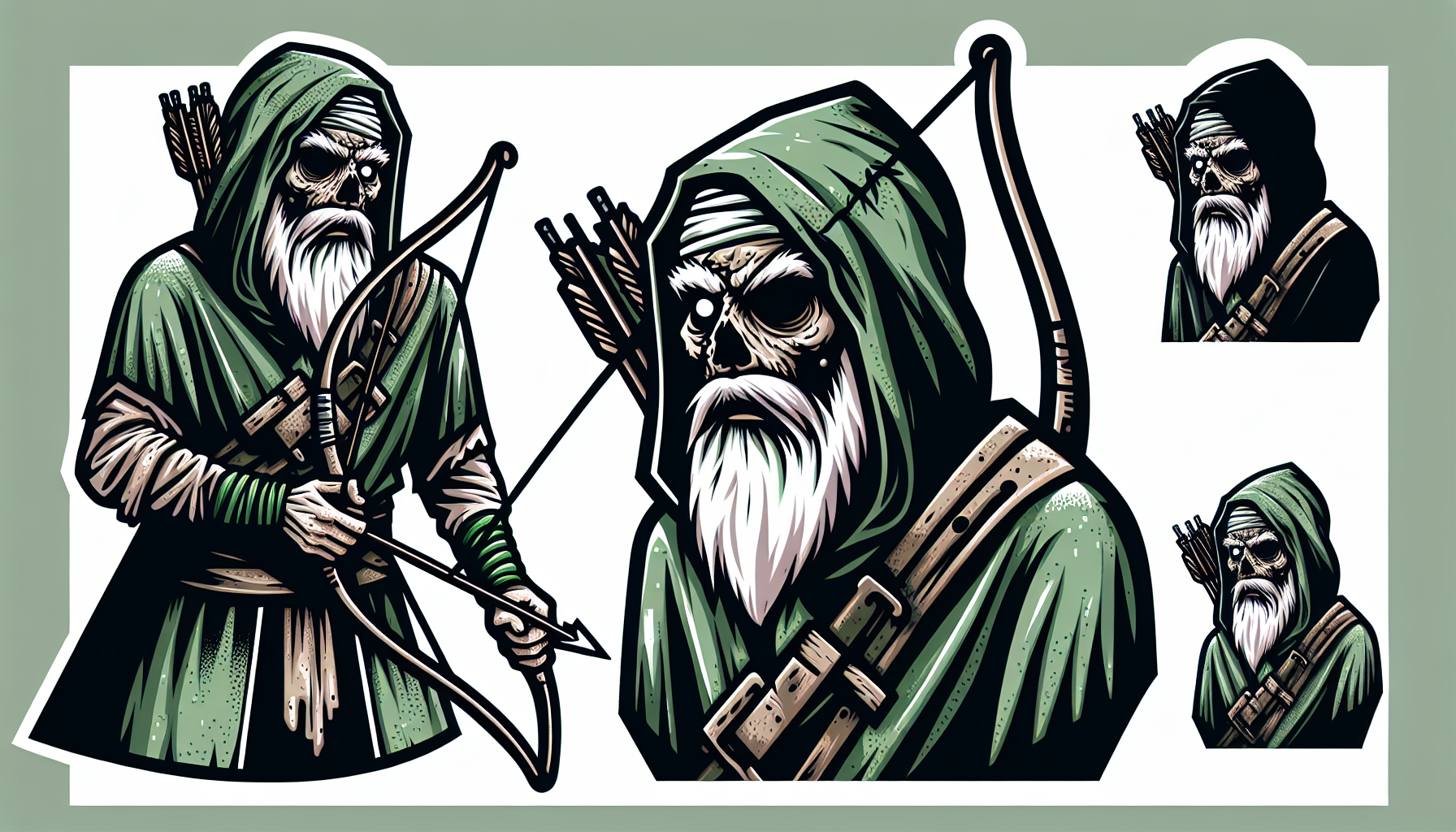 Arquero zombie, con barba larga blanca, capucha y traje verde, con un arco y un carcaj en su espalda