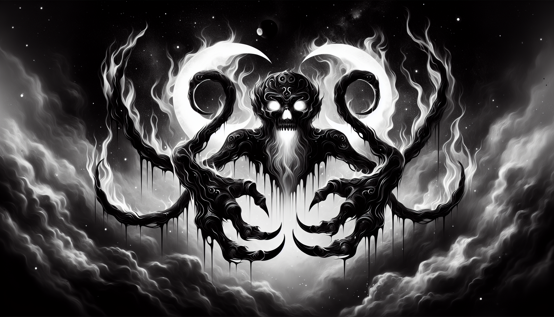 necesito una versión demoniaca del signo zodiacal de cancer en blanco y negro que parezca un espectro de otro mundo