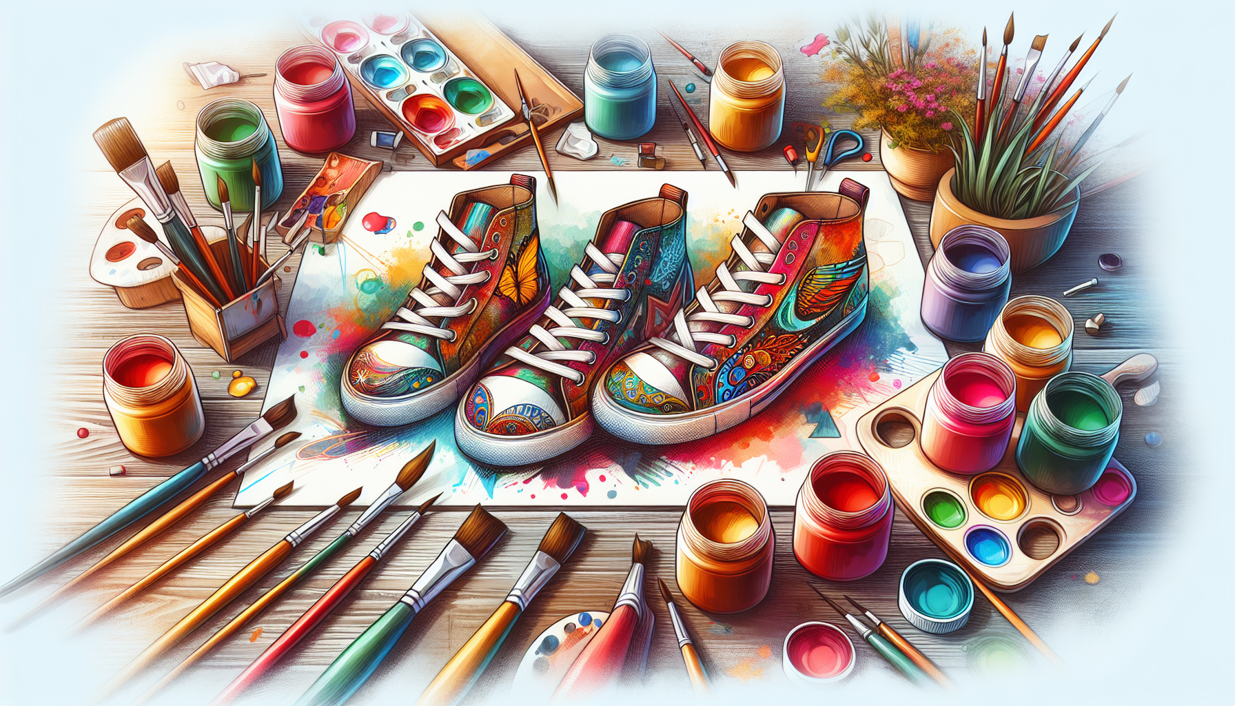 Tengo un negocio que se llaman caminando con arte y me dedico a pintar y personalizar zapatillas pintadas a mano quiero una imagen que lo describe con mucho color