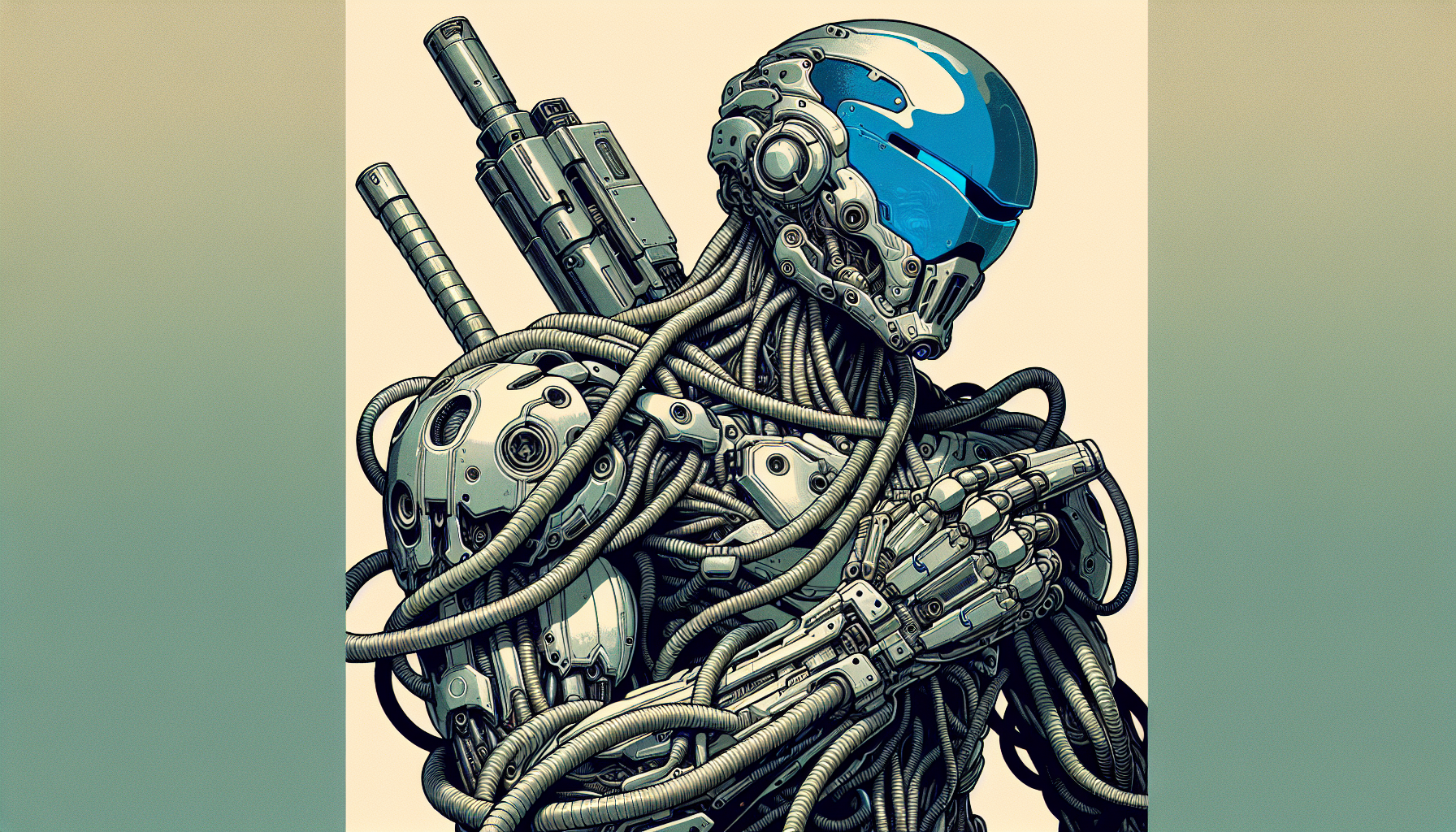 Soldado cibernético, armadura plateada con cables, visera azul dejando a la vista la boca y mandíbula, tiene un gran cañón en su brazo