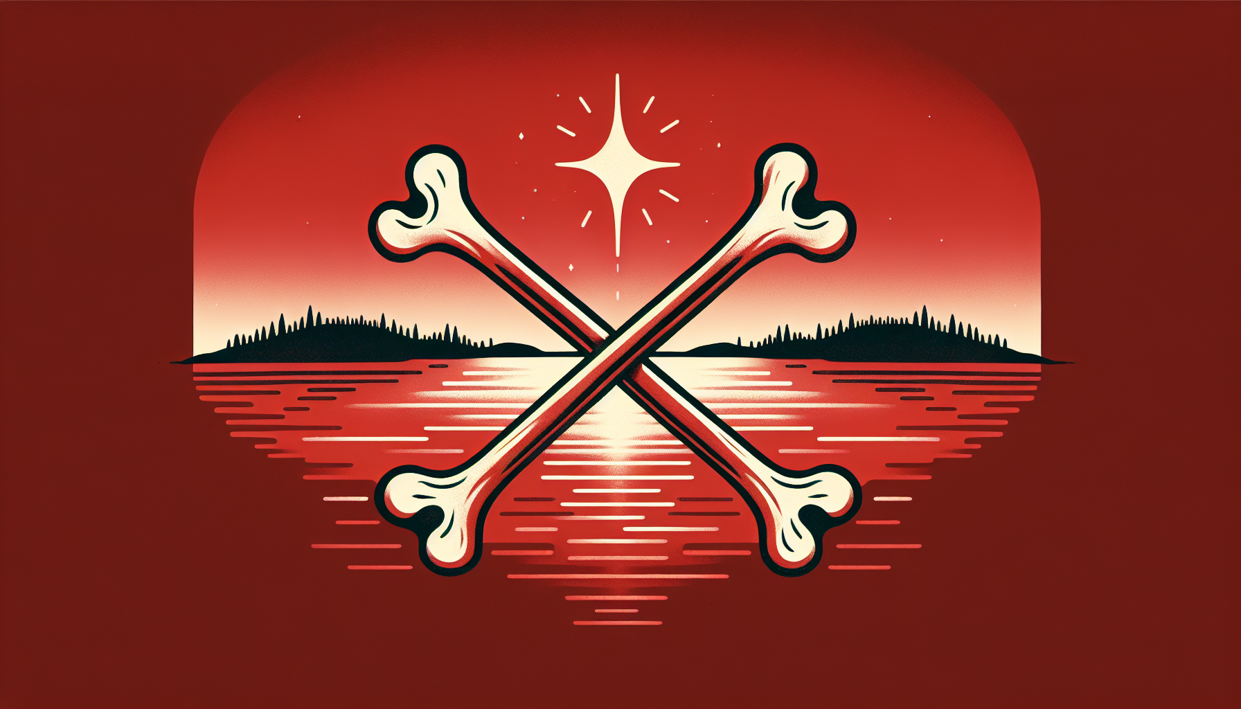 Dos huesos cruzados formando una especie de vínculo, de fondo se ve un lago rojo