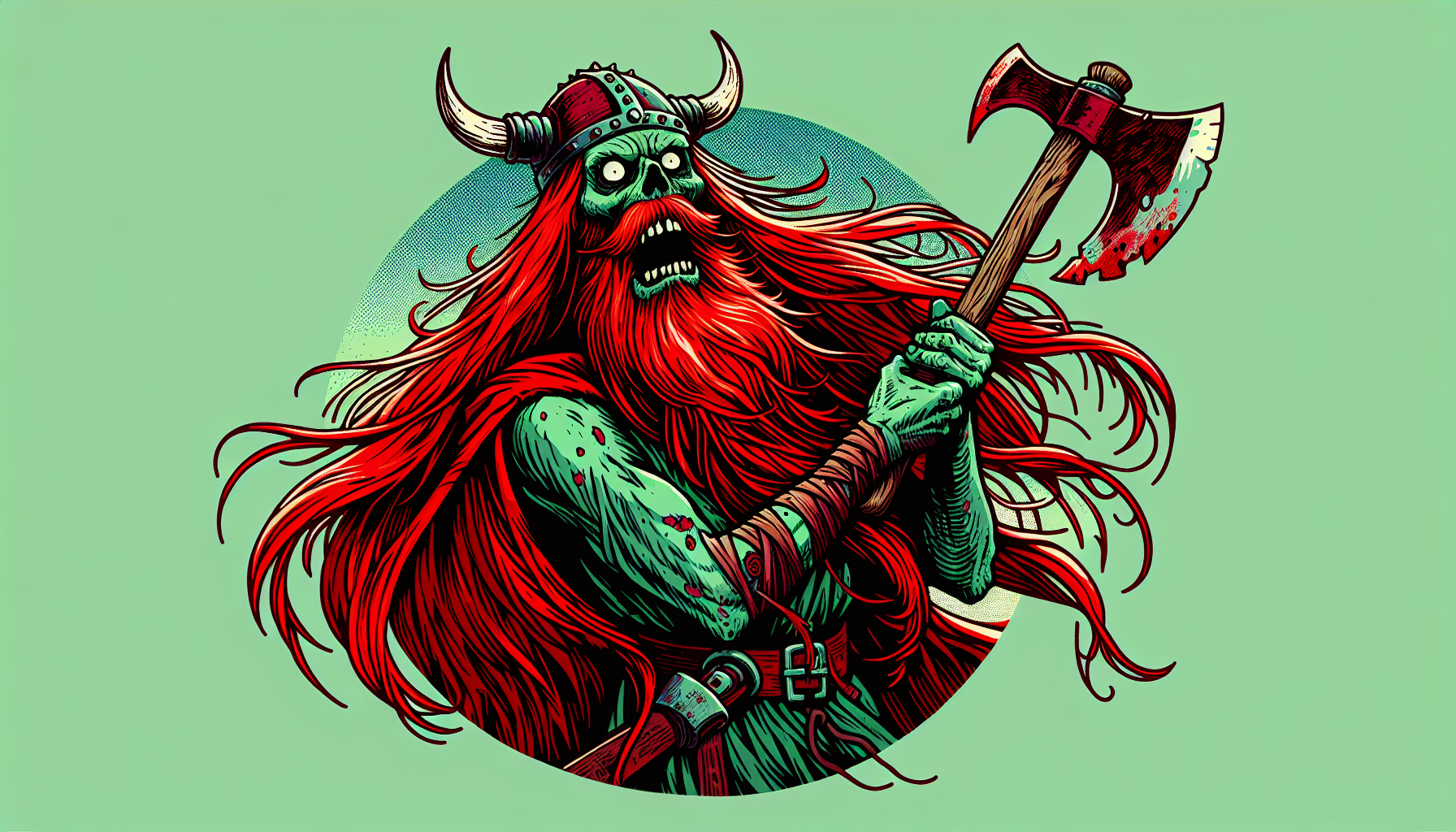  Zombie vikingo pelo rojo y barba larga roja, tiene una hacha grande Yu-Gi-Oh fondo verde simple brillo mate