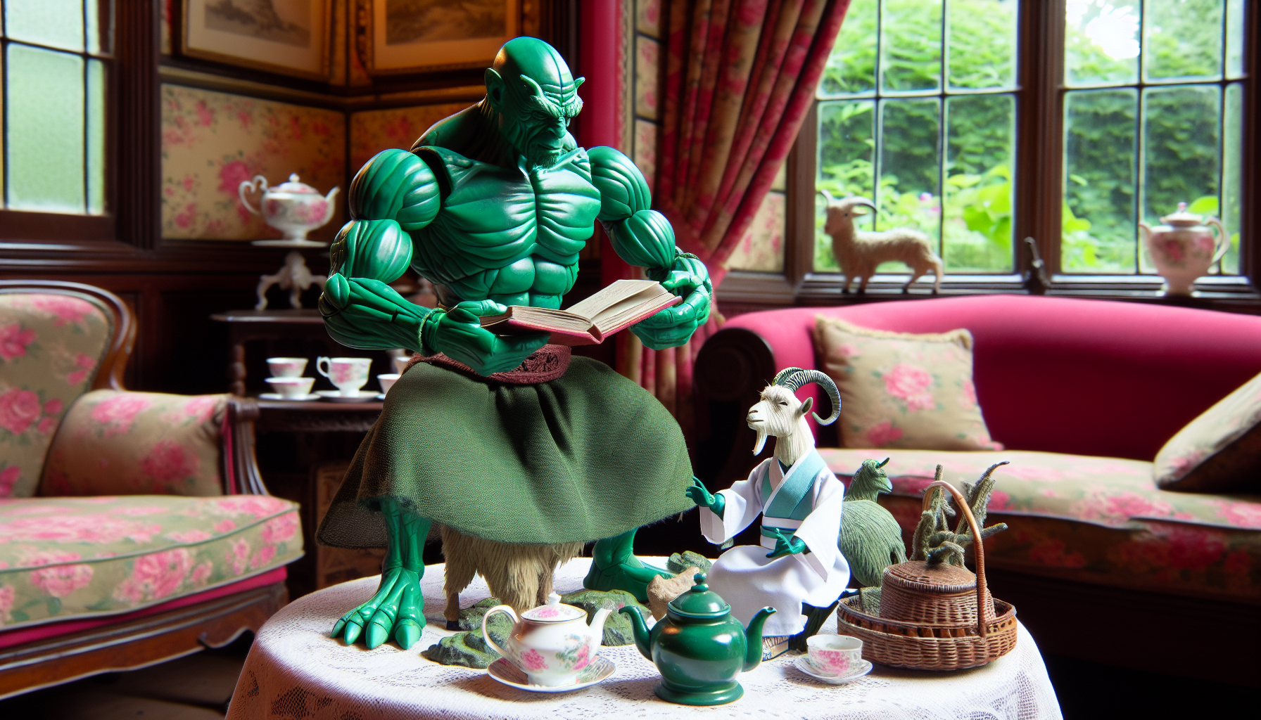 Jedi master looking like the Abomination in a tea room rising a goat