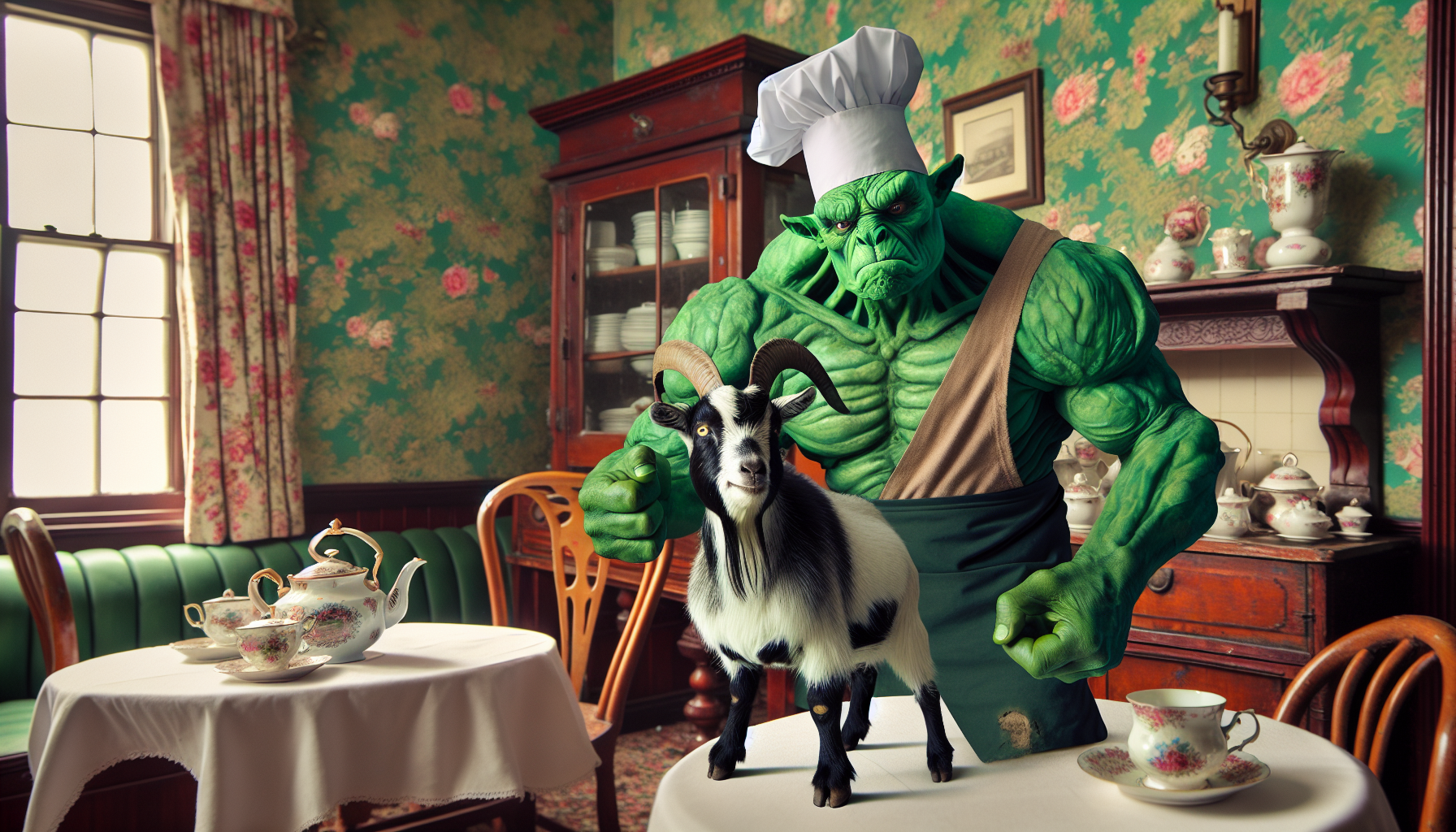 Cooking chief looking like the Abomination in a tea room riding a goat