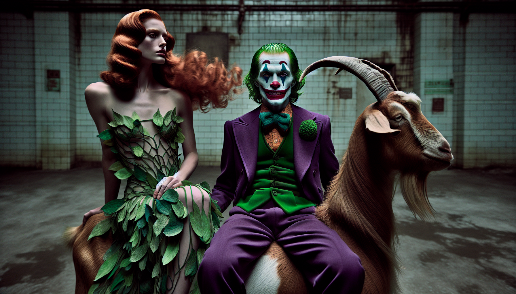 DC comics looking like the Joker in Arkham Asylum riding a goat with poison ivy
