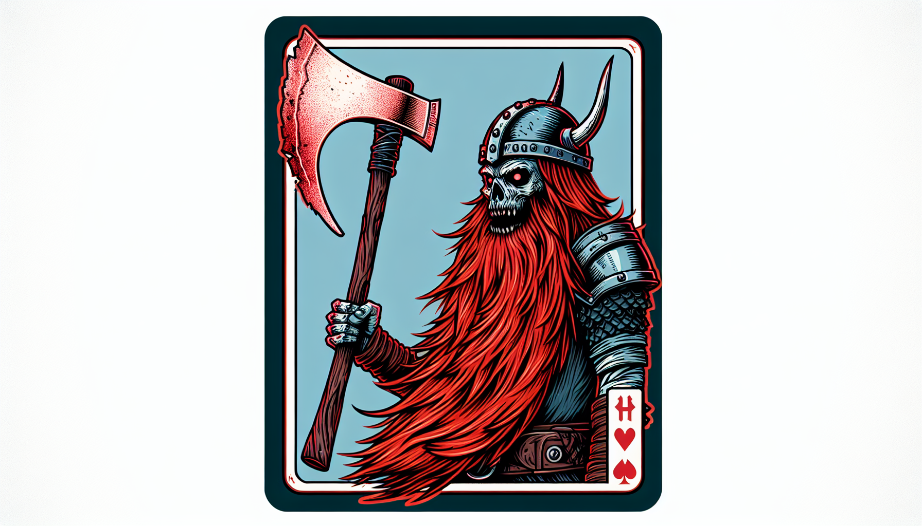 Zombie vikingo pelo rojo y barba larga roja, lleva casco vikingo, tiene una hacha grande Yu-Gi-Oh  brillo mate