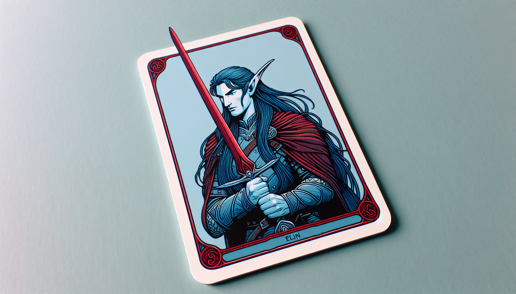 Guerrero elfo, orejas largas, pelo azul largo tiene una espada roja grande carta de Yu-Gi-Oh fondo simple brillo mate