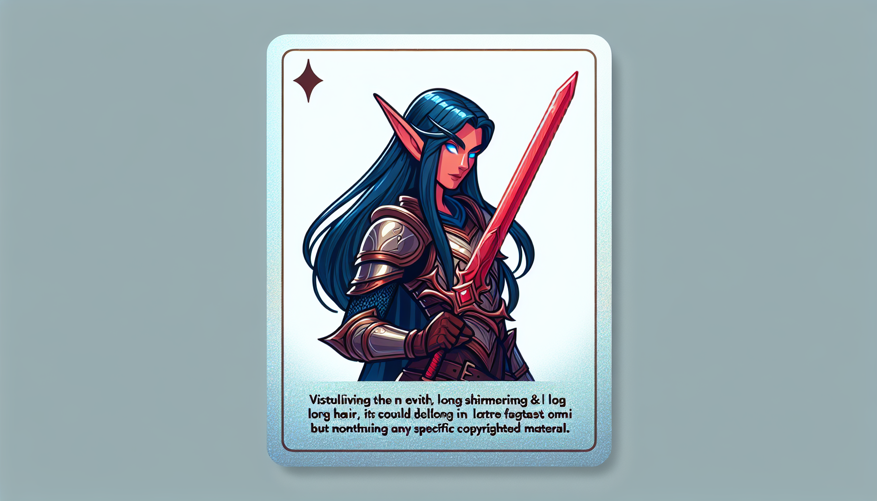 Guerrero elfo, orejas largas, pelo azul largo tiene una espada roja grande carta de Yu-Gi-Oh fondo simple brillo mate