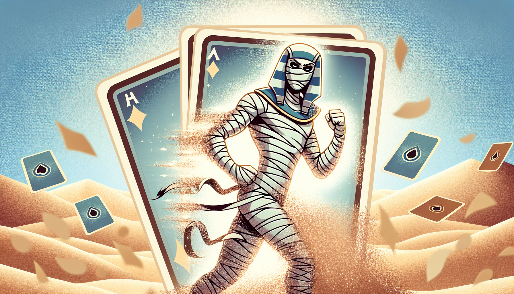 Rey Momia del faraón, aparece en el desierto en pose dinámico carta de Yu-Gi-Oh fondo simple brillo mate