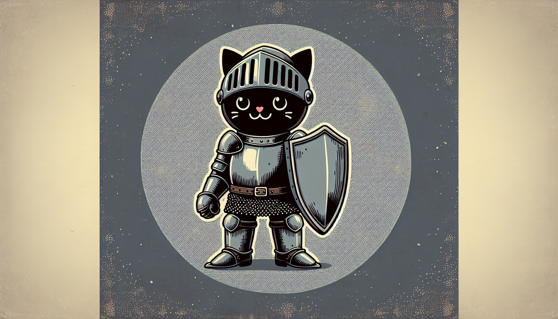 Gato negro con yelmo de caballero y con botas tiene un gran escudo  carta de Yu-Gi-Oh fondo simple brillo mate