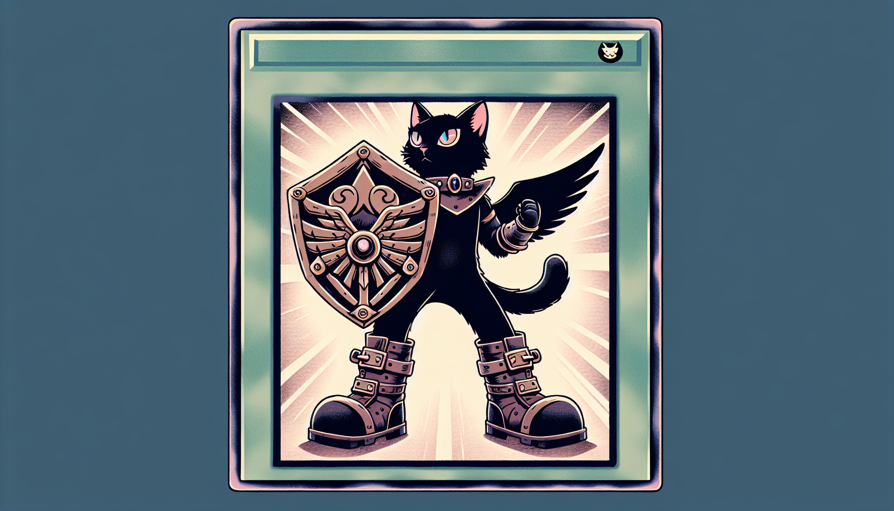 Gato negro con botas tiene un gran escudo  carta de Yu-Gi-Oh fondo simple brillo mate