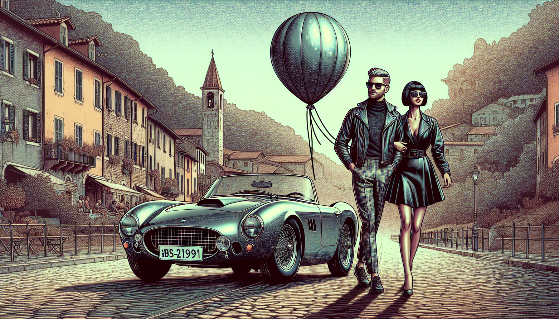 Bmw serie 5 touring g31 M sport, grigio metallizzata, uomo con barba corta brizzolata, occhiali da sole e giacca, donna con capelli scuri a caschetto, orecchini a cerchio, vestita con gonna di pelle, con grosso palloncino legato al braccio…sfondo Pavia