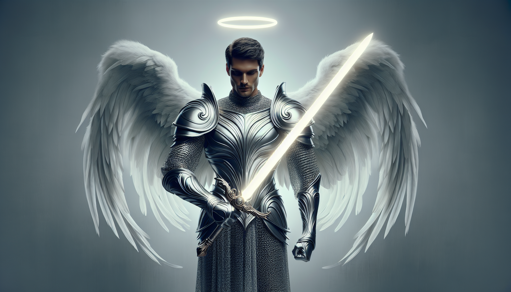 Ángel guerrero con armadura plateada y una gran espada blanca carta de Yu-Gi-Oh fondo simple brillo mate