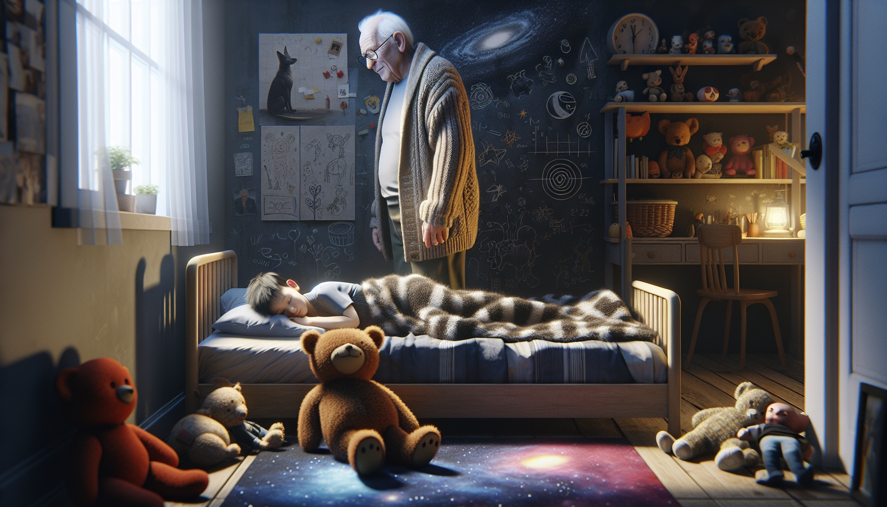 un jeune enfant est allongé sur son lit dans le noir, son grand-père est au-dessus de lui