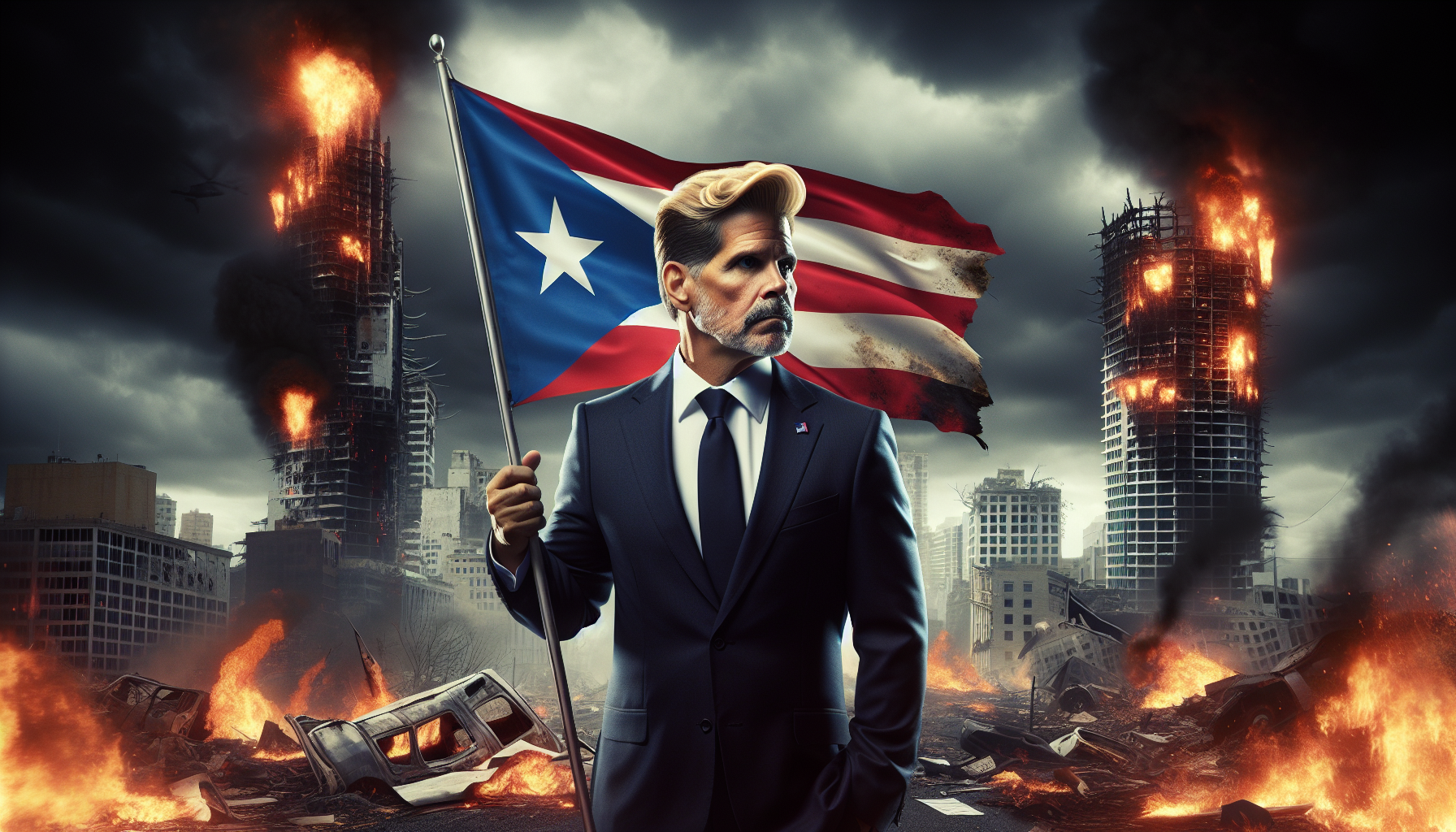 imagen del fin del mundo con trump vivo con una bandera de puerto rico en la mano