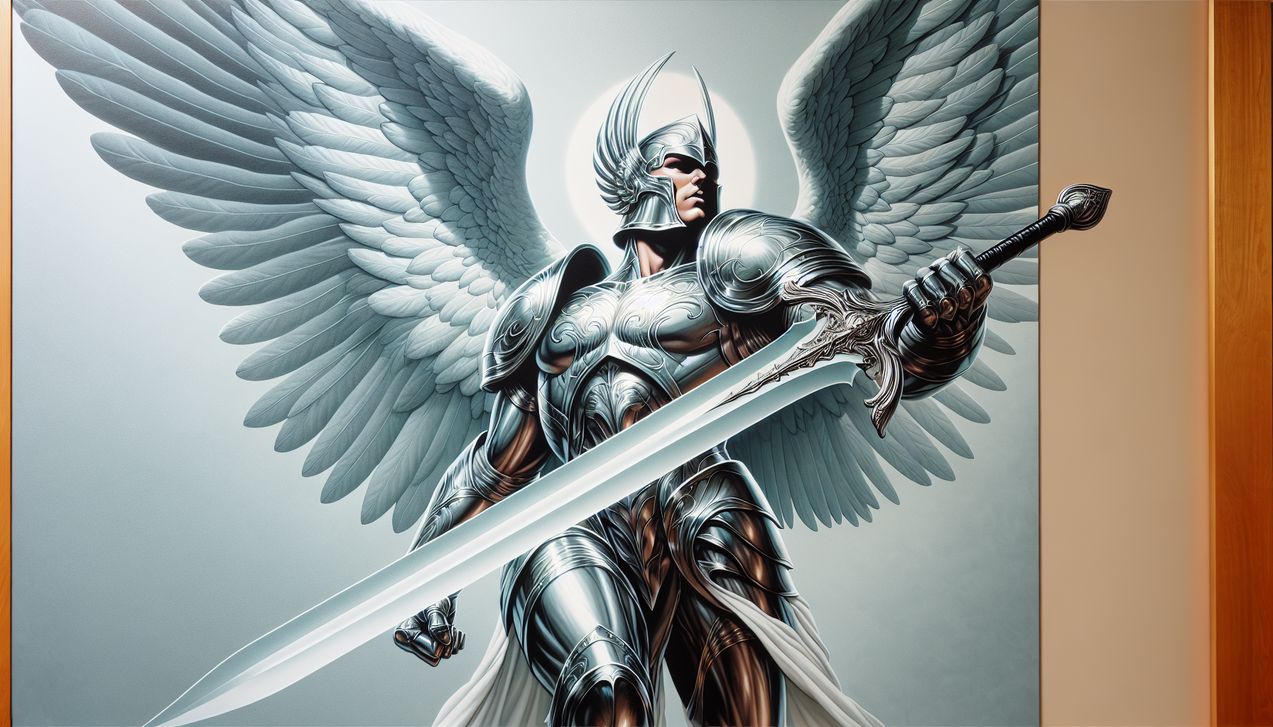 Guerrero ángel con armadura plateada, espada blanca grande carta de Yu-Gi-Oh fondo simple brillo mate