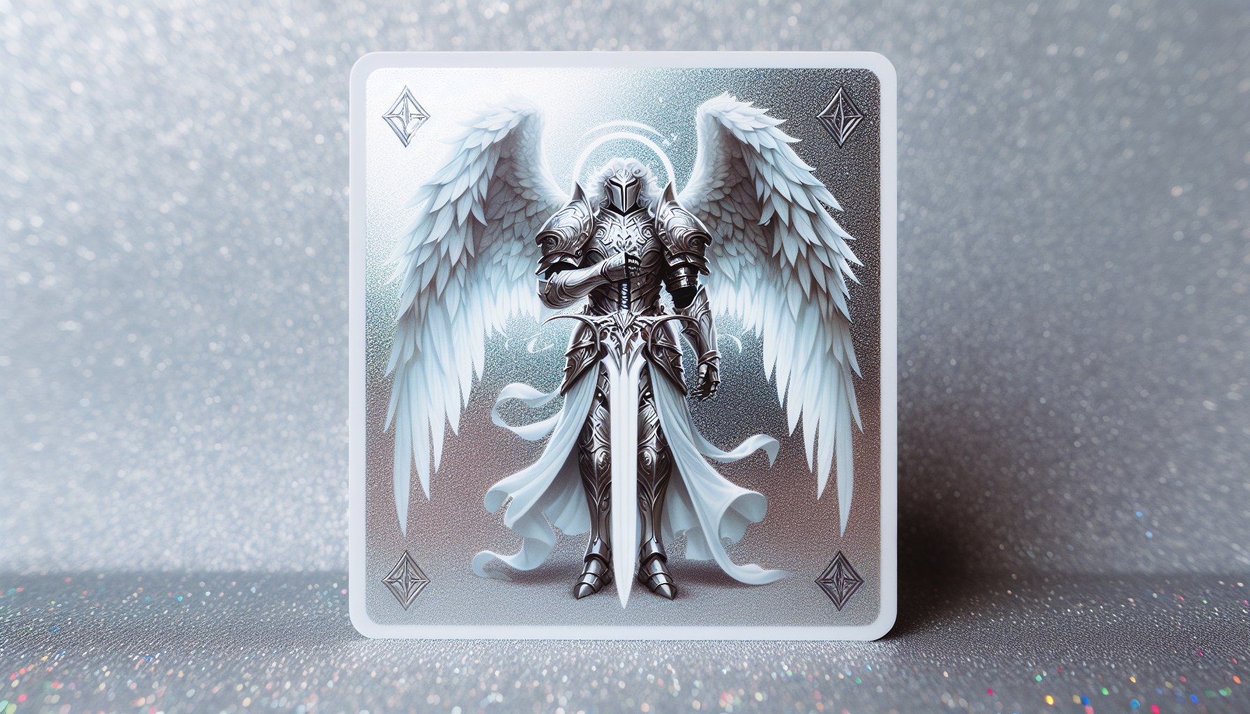Guerrero ángel con armadura plateada, espada blanca grande carta de Yu-Gi-Oh fondo simple brillo mate