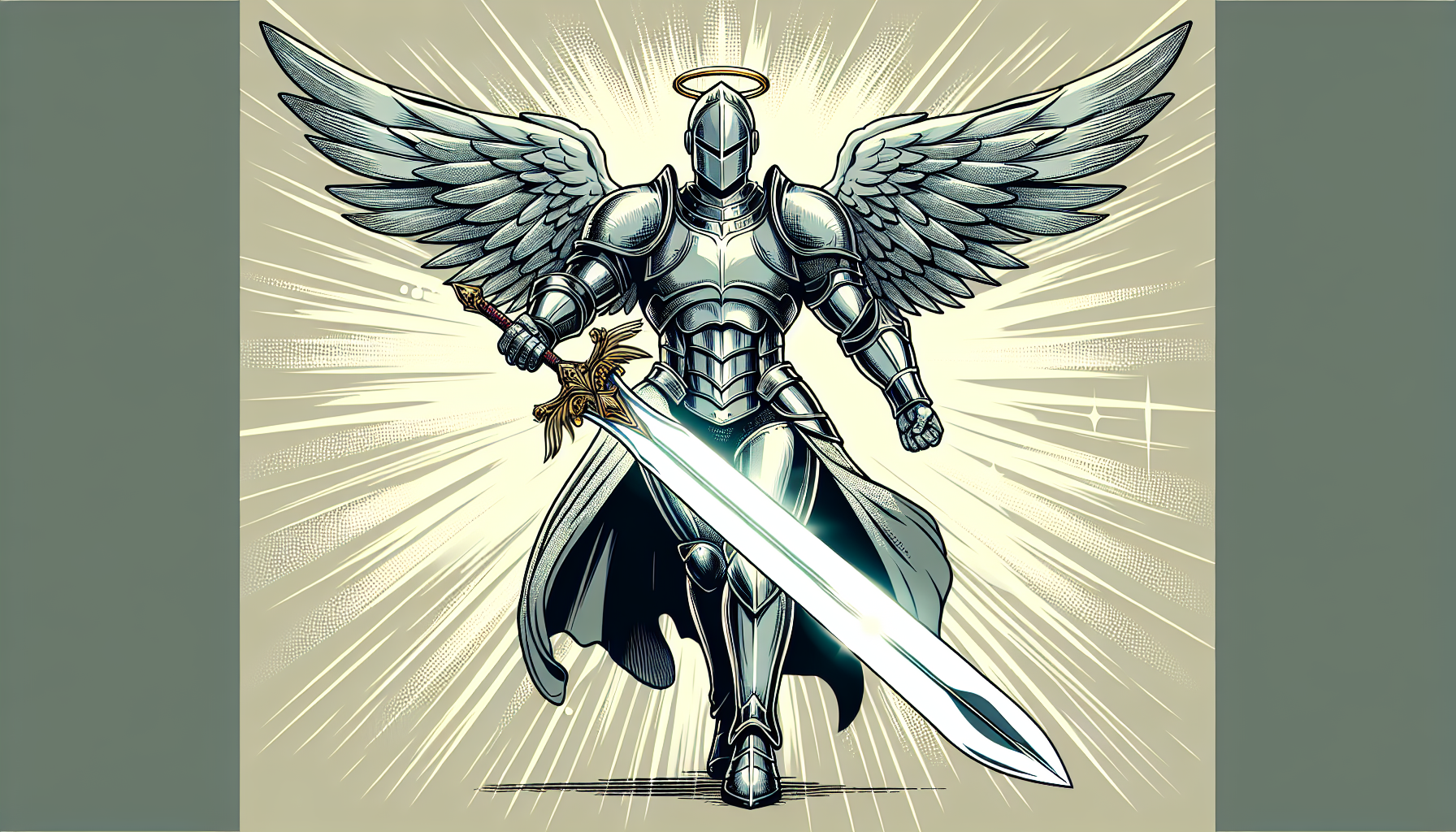 Guerrero ángel con armadura plateada, espada blanca grande carta de Yu-Gi-Oh fondo simple brillo mate