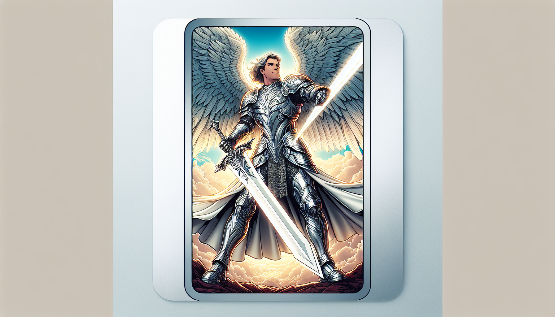 Guerrero ángel con armadura plateada, espada blanca grande carta de Yu-Gi-Oh fondo simple brillo mate