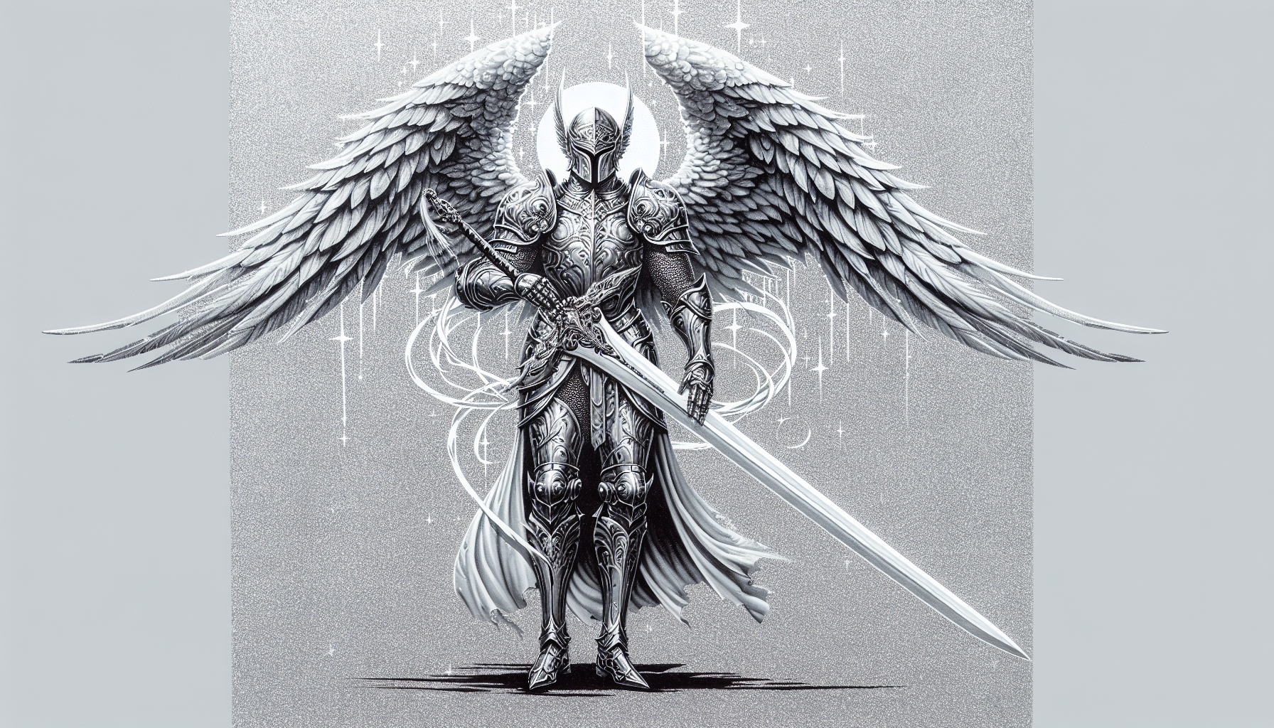 Guerrero ángel con armadura plateada, espada blanca grande carta de Yu-Gi-Oh fondo simple brillo mate