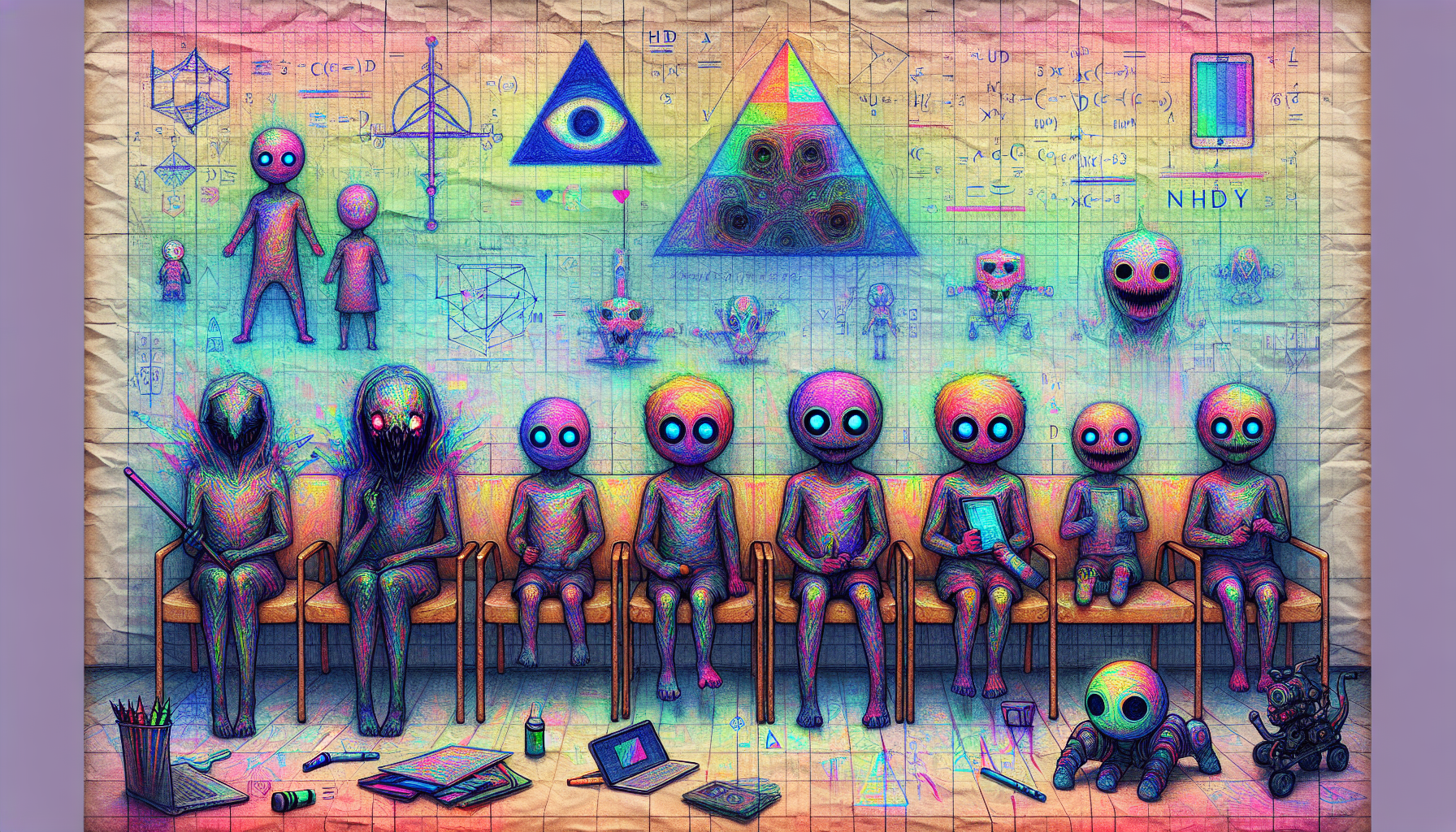 A child's crayon drawing on crumpled paper: distorted figures with triangular eyes (ꓵ) glow faintly #FF33FF under UV. Fractal equations in Vilela script crawl at the margins, merging with scribbled robots holding Tamagotchis. Background: a waiting room warps into cyberspace—clock hands stuck at 3:33, nurse's smartphone glitches into a primate meme with ꓵ-shaped limbs. 'NHC' hidden in crayon smudges. Style: Junji Ito's unsettling innocence—waxy colors bleeding into digital static, childish strokes revealing biomechanical veins. Palette: sickly clinic whites invaded by neon glitches. Details: Stickers of VitaZen logos peeling into QR codes; floor tiles form 33Hz waveforms. Avoid explicit horror; imply wrongness through skewed proportions and recursive patterns. Texture: paper fibers mimic silicon circuits. 8K hyper-detailed, child-POV perspective.